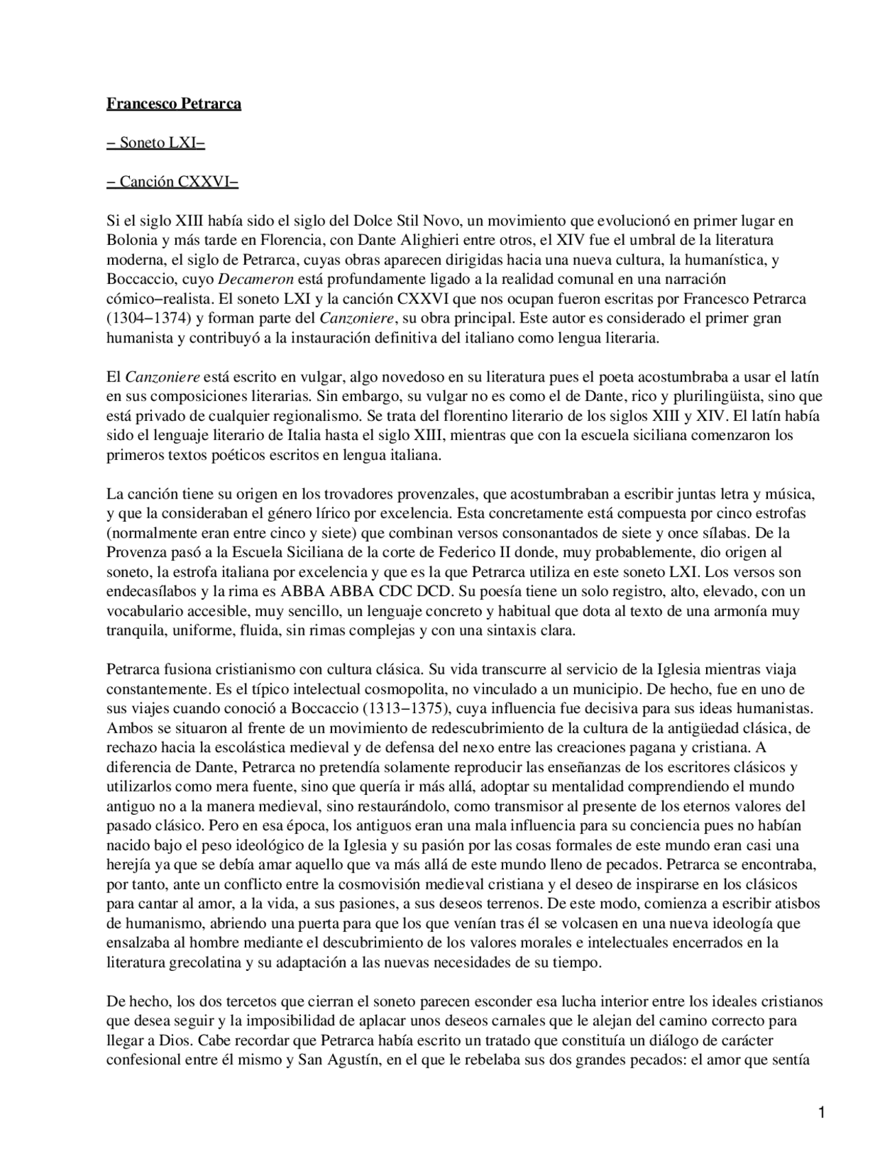 Cancionero Petrarca Literatura Del Siglo Xiv Resumen Docsity