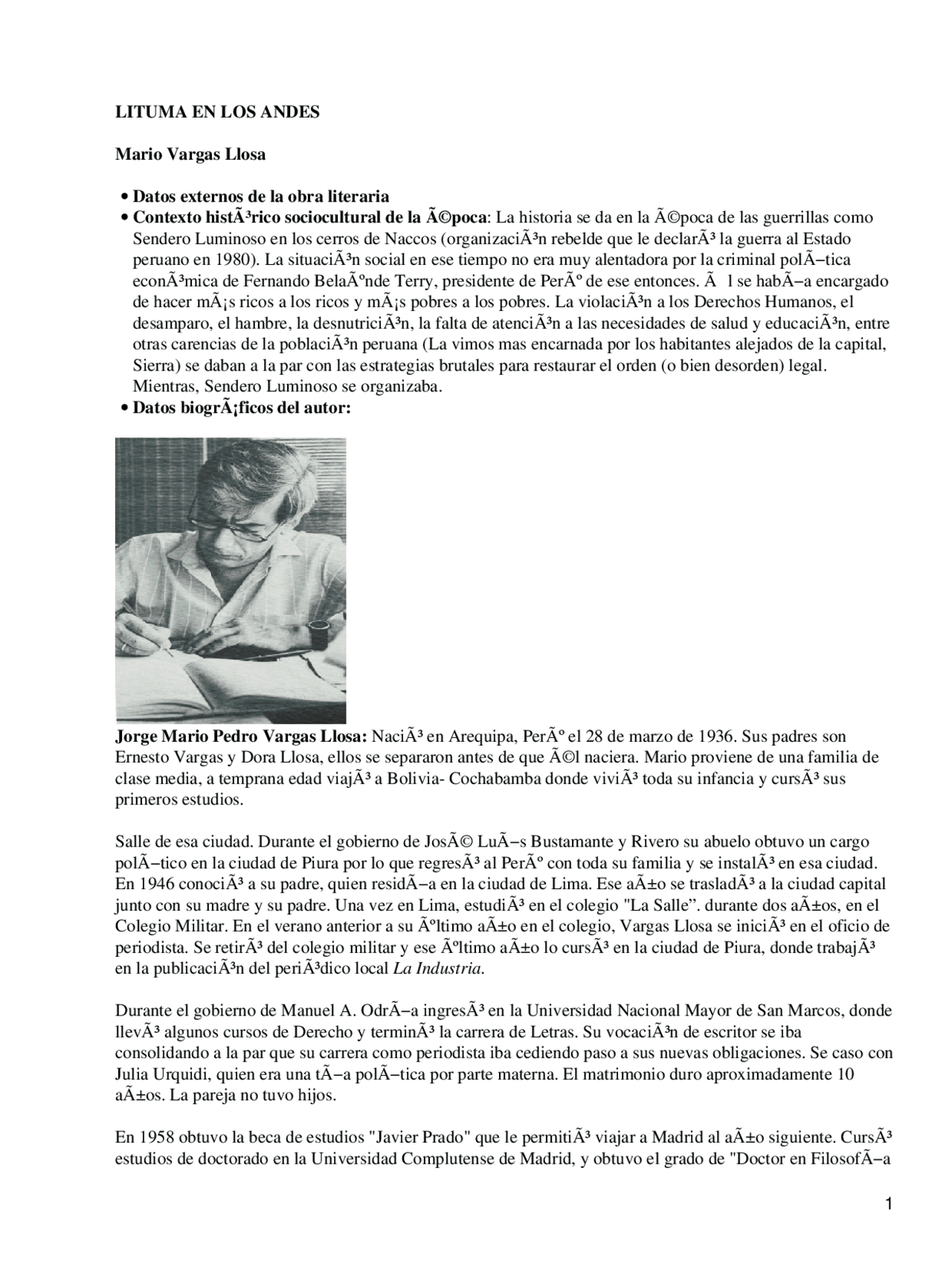 Lituma En Los Andes 0mario Vargas Llosa Literatura Contemporanea Resumen Docsity