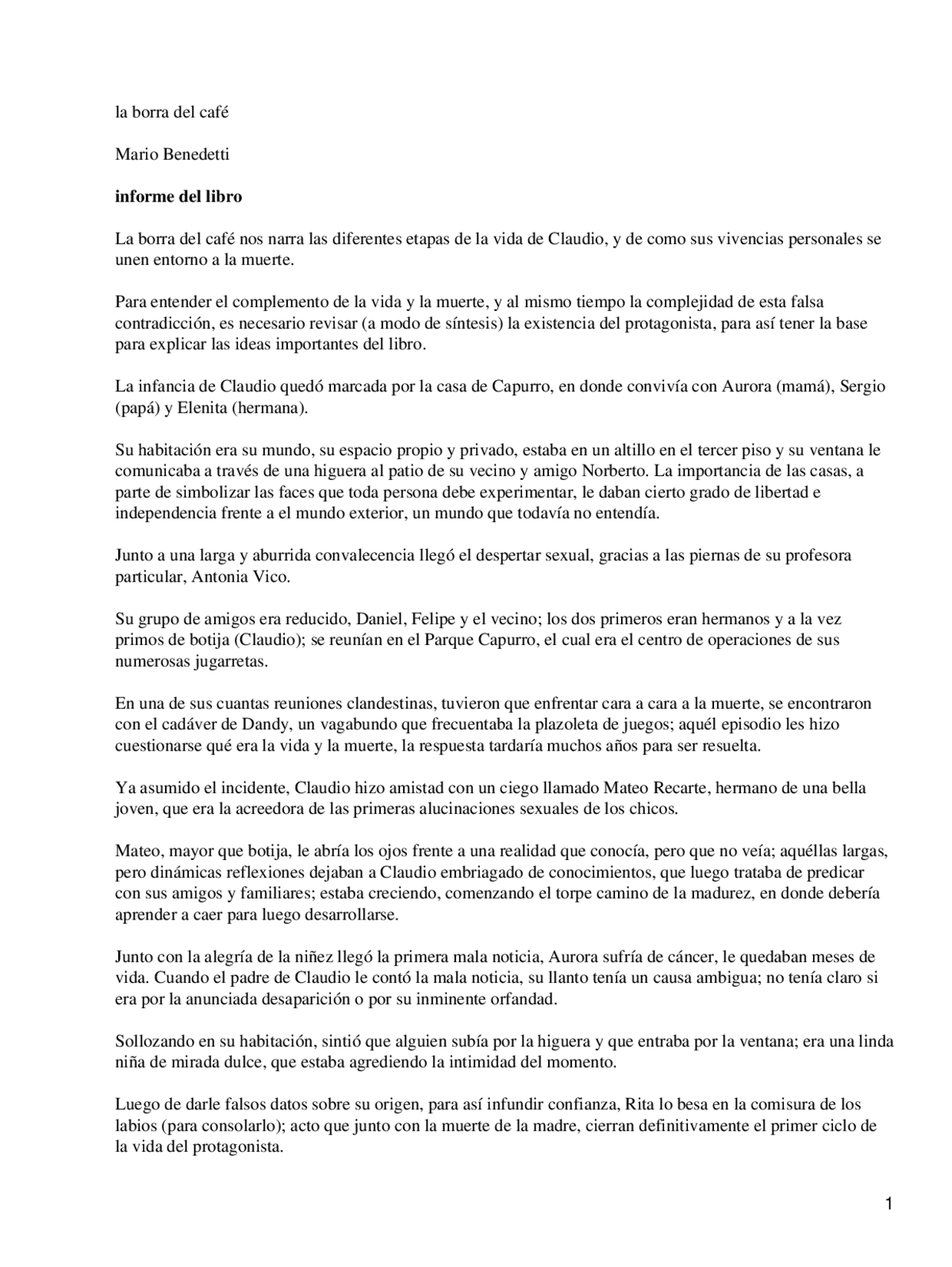 La Borra Del Cafe Mario Benedetti Literatura Del Siglo Xx Resumen Docsity