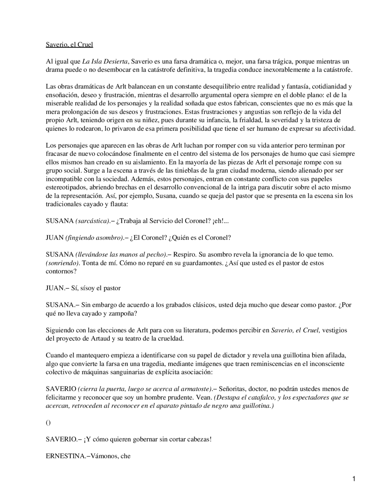 Saverio El Cruel Roberto Arlt Literatura Del Siglo Xx Resumen Docsity