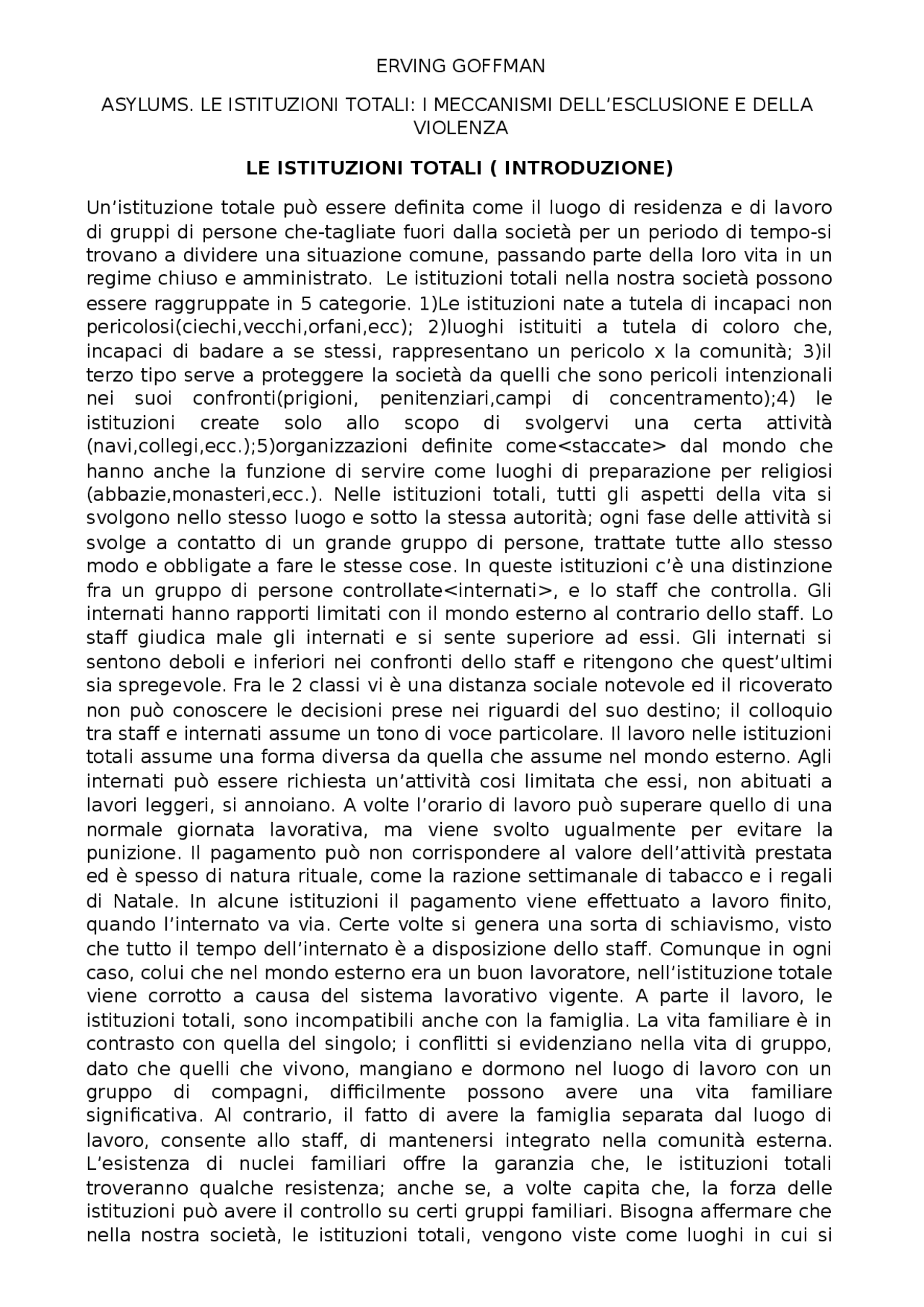 Appunti sul testo ASYLUM. Le istituzione totali Docsity