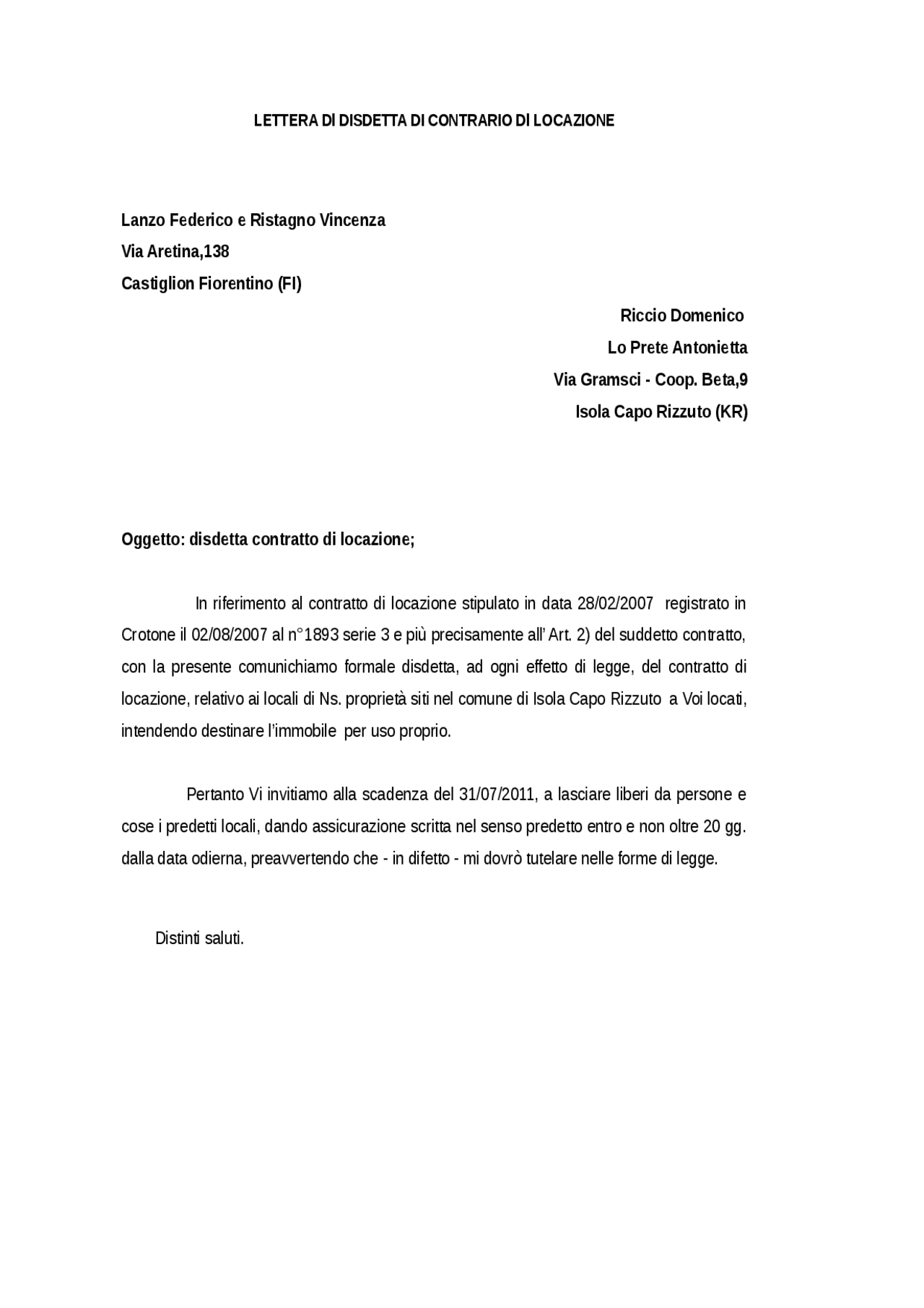 Disdetta di locazione | Apuntes de Derecho Privado | Docsity