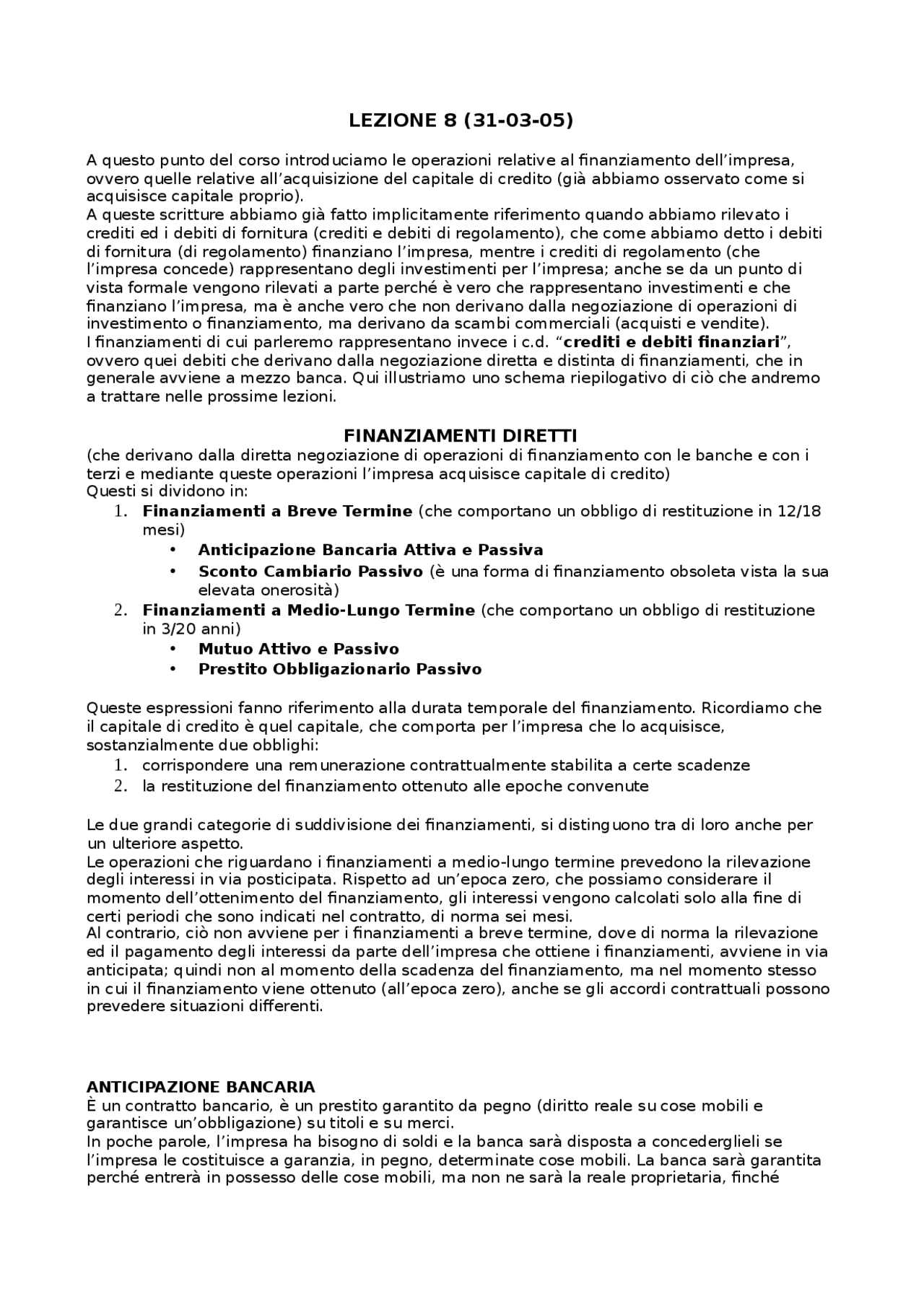 Finanziamenti diretti Anticipazione bancaria Dispense di Economia