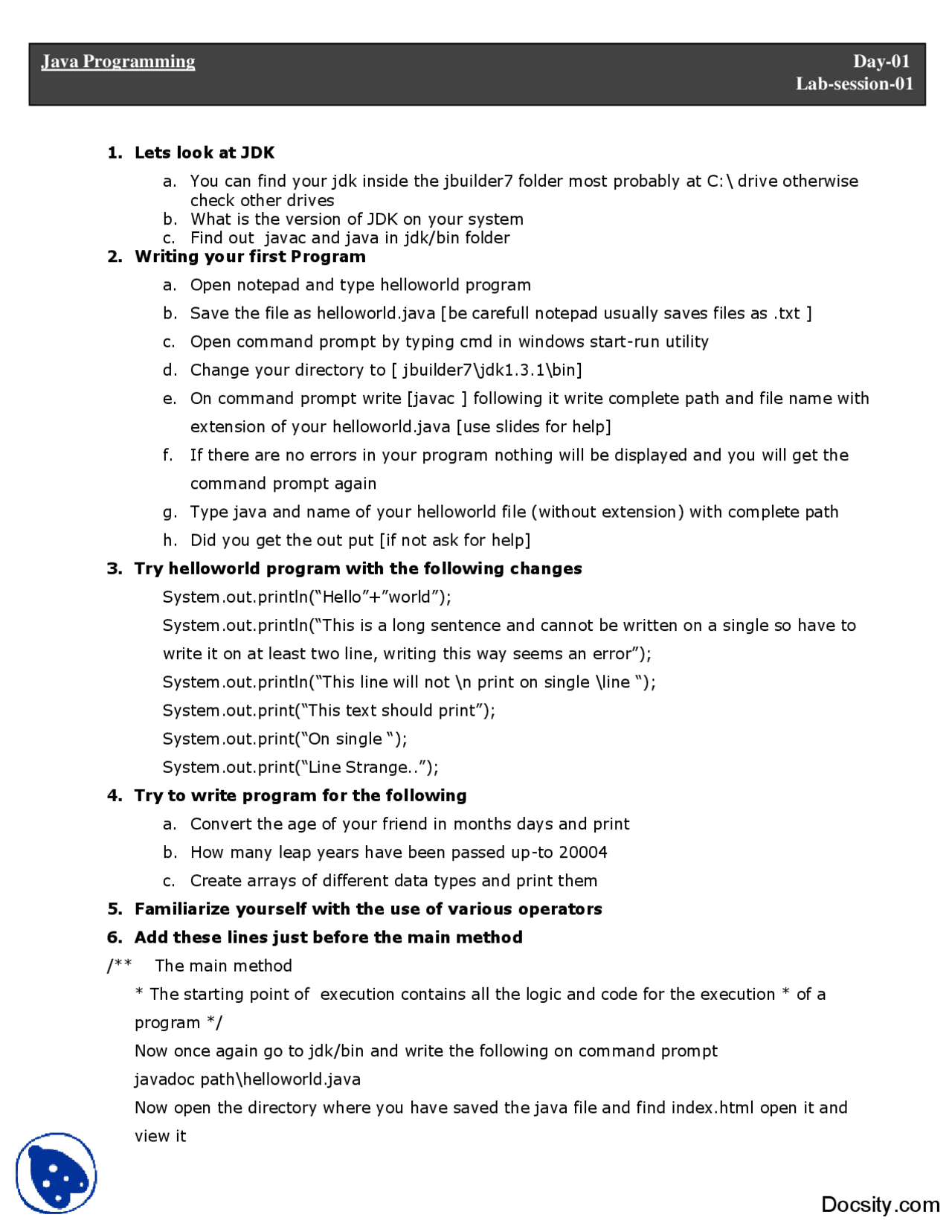 Class Comparison 1-Java Network Programming-Lab Manual - Docsity