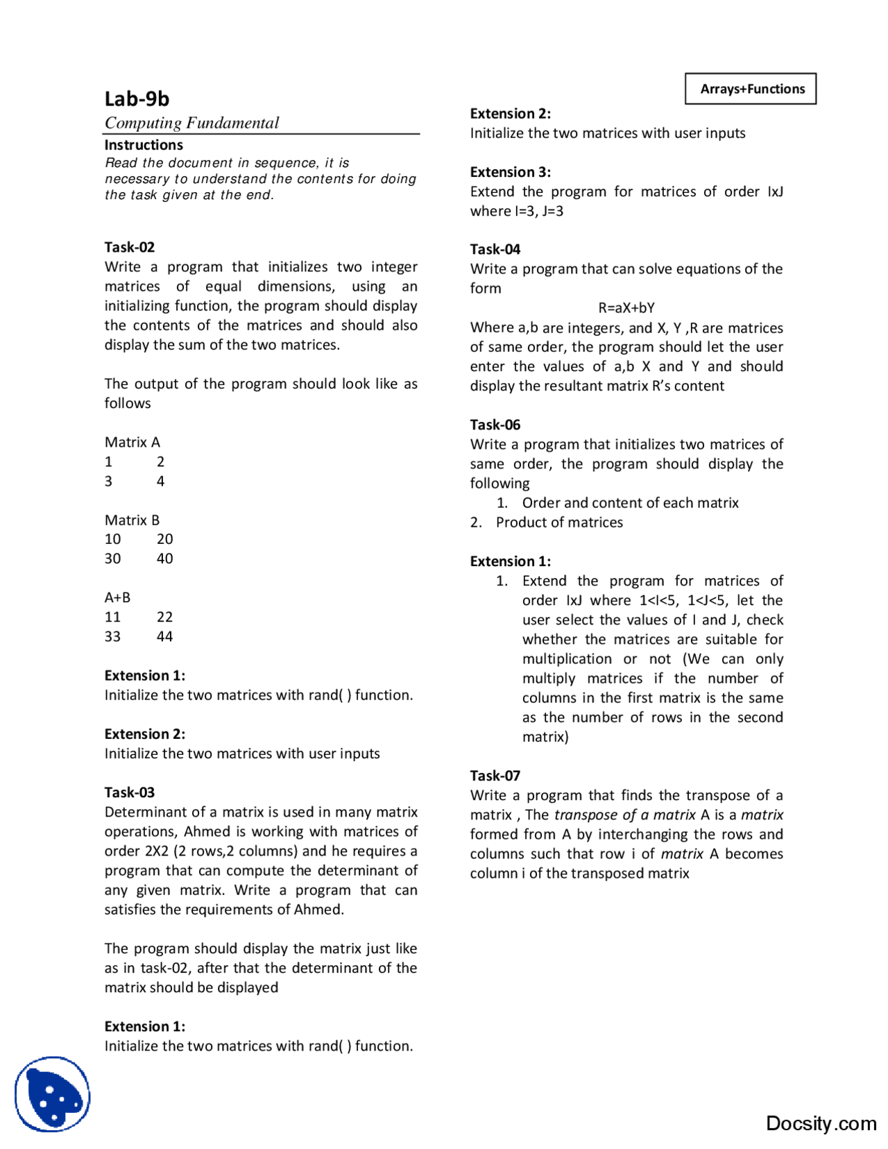 Matrices, Arrays-Computer Fundamentals-Lab Manuals - Docsity