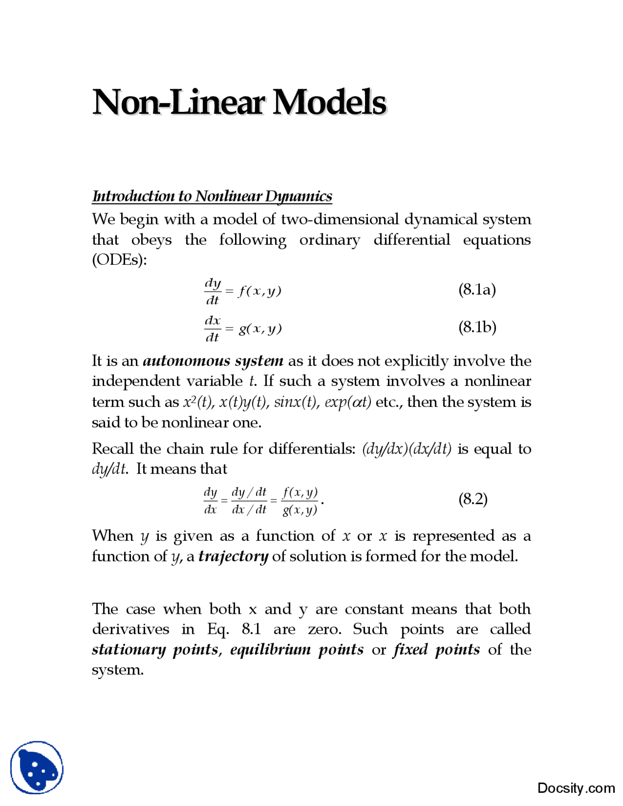 Nonlinear Models-Modeling and Simulation-Handouts | Lecture notes ...