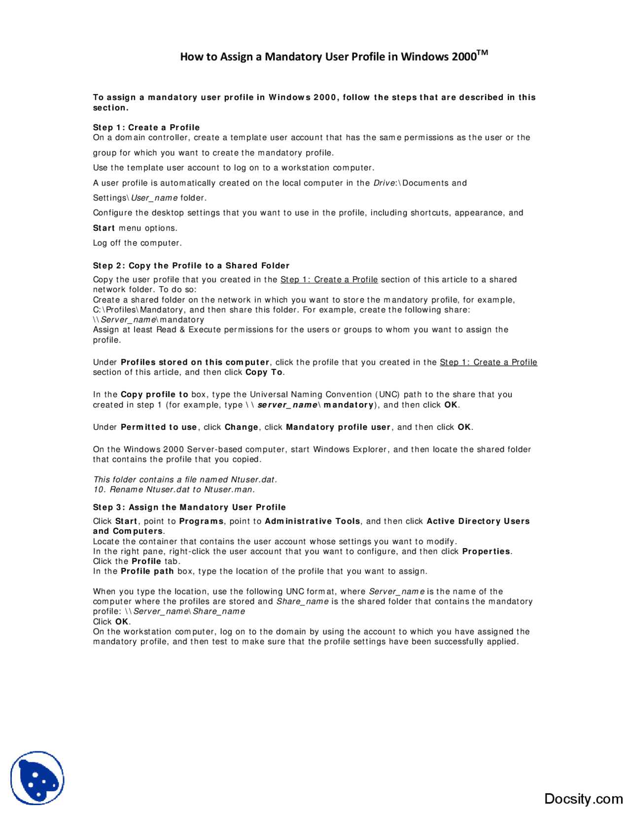 Windows 2000 Create User How to Assign a Mandatory User Profile in Windows 2000 (2)-Basic ...