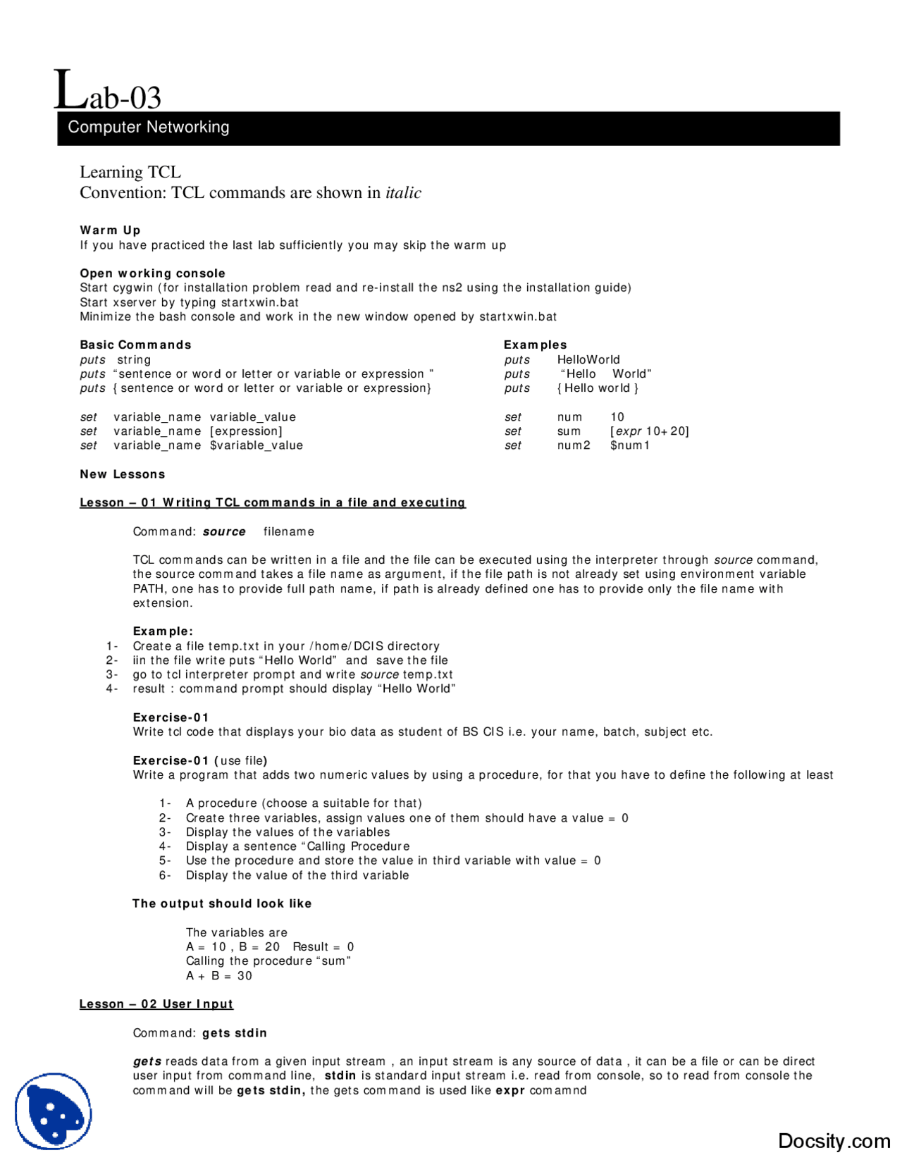 Tcl Textbook Learning TCL-Computer Networking-Lab Manual - Docsity