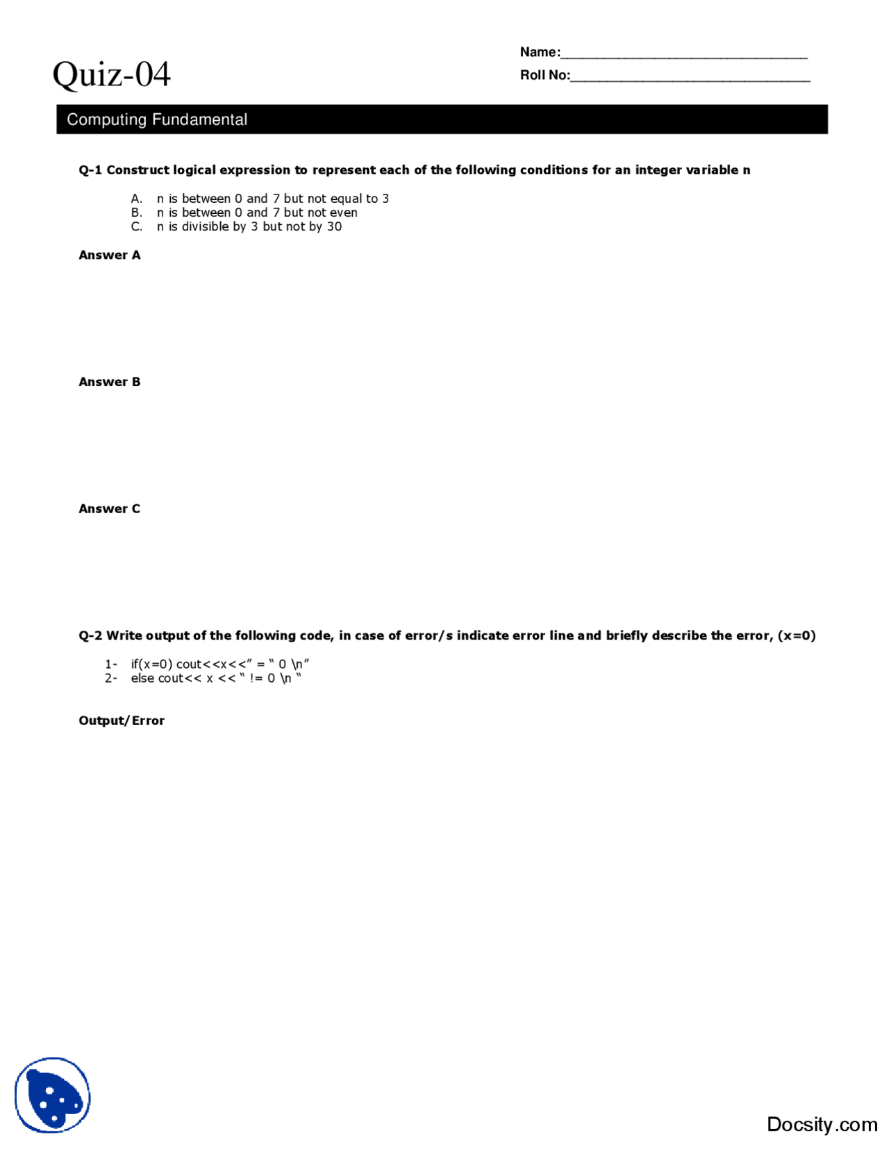 Logical Expressions-Computer Fundamentals-Quiz - Docsity