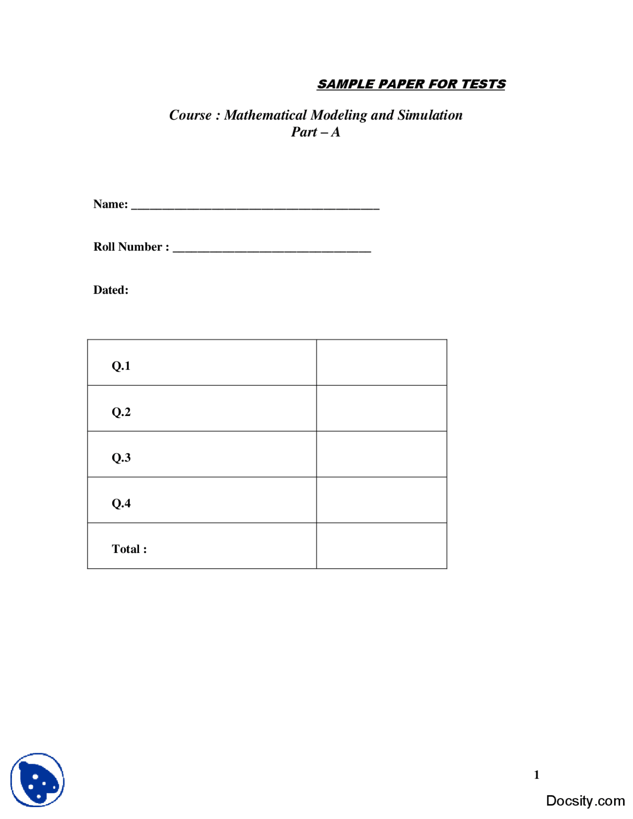 Sample Paper-Mathematical Modeling and Simulation-Exam Paper - Docsity