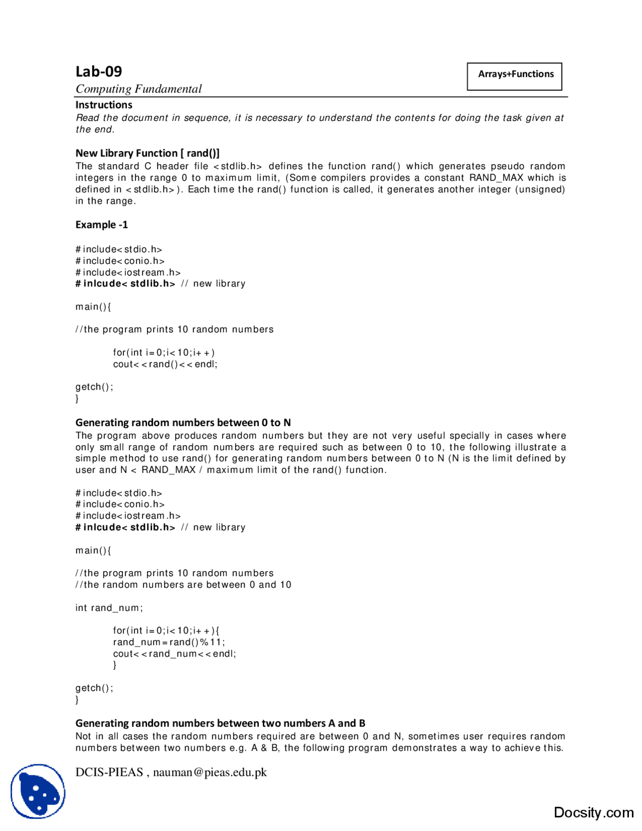 Arrays and Functions-Computer Fundementals-Lab 09-Lab Assignment - Docsity