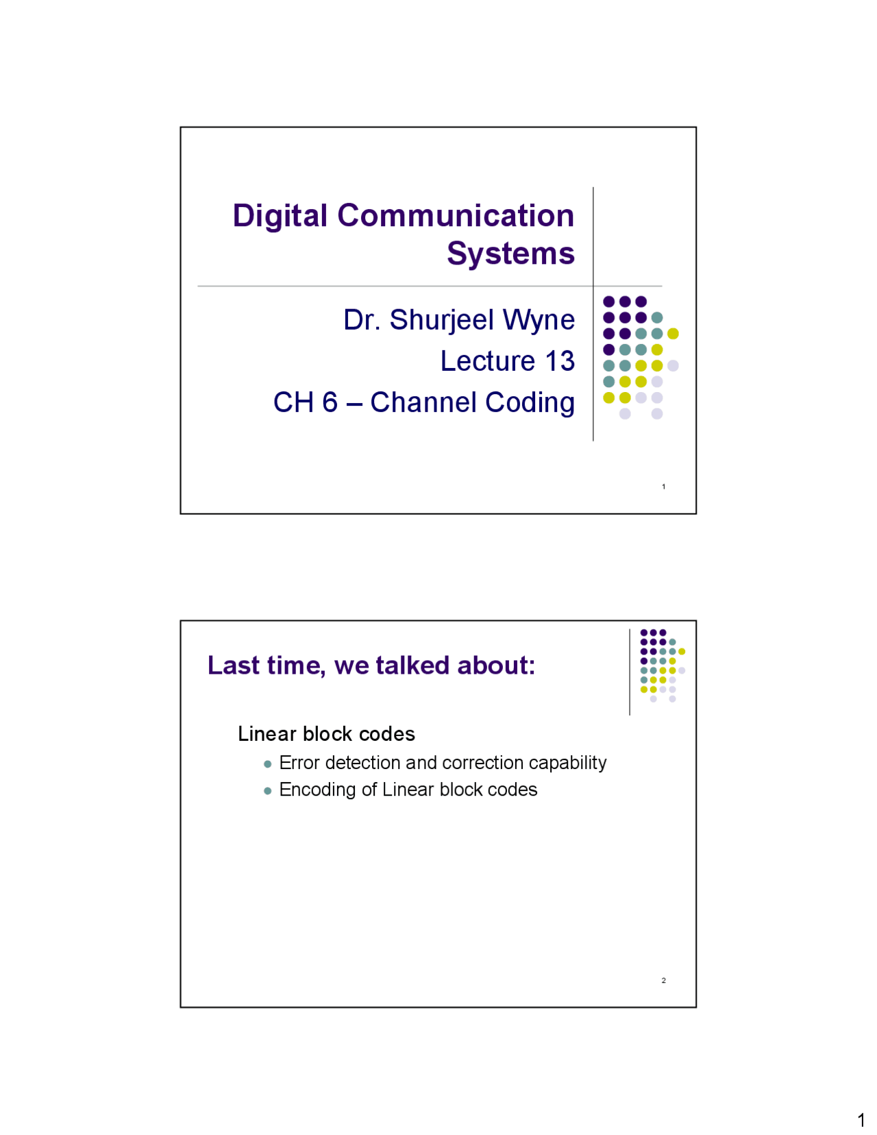 Channel Coding Contd-Digital Communication Systems-Lecture Slides - Docsity