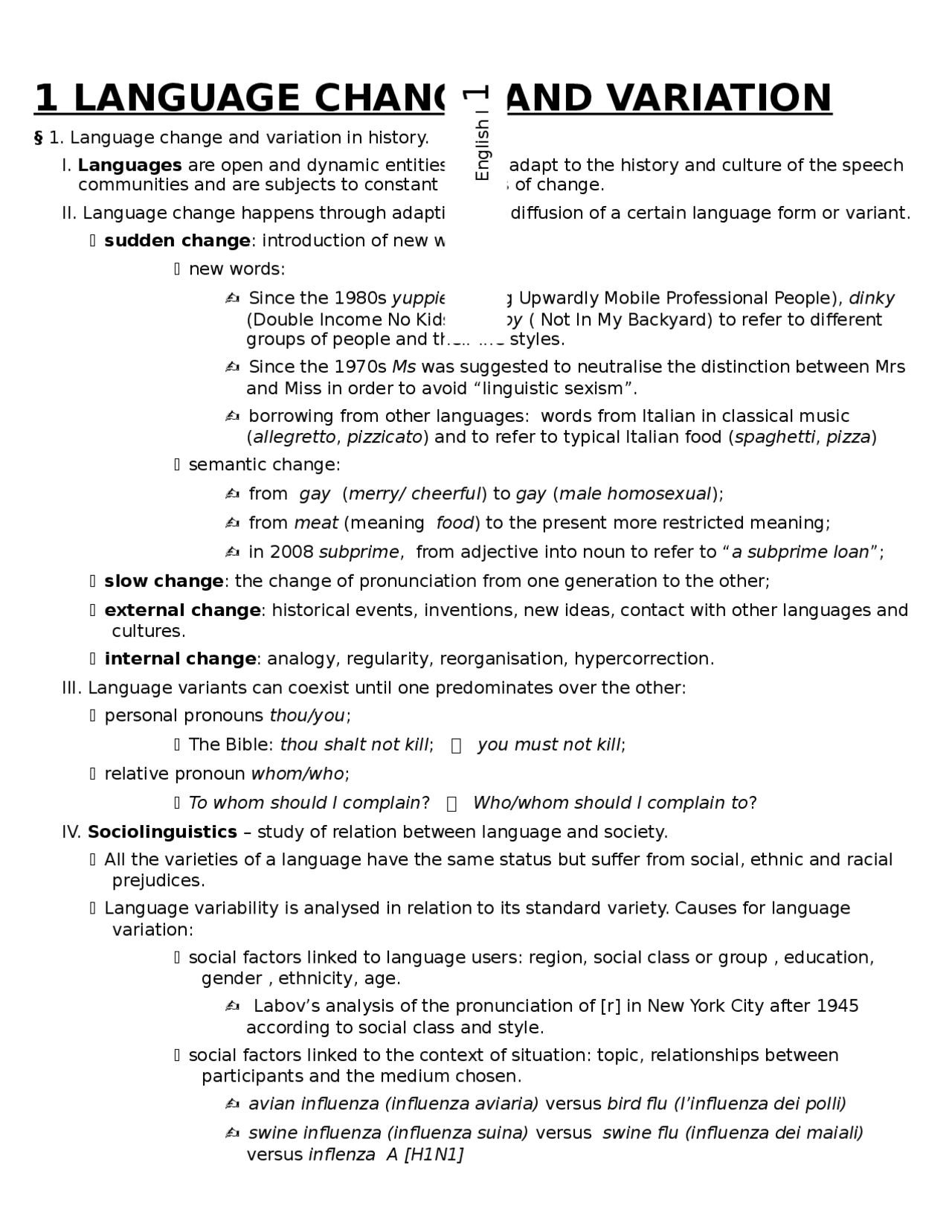 Language change and variations - English - Inglese - Pulcini - Docsity