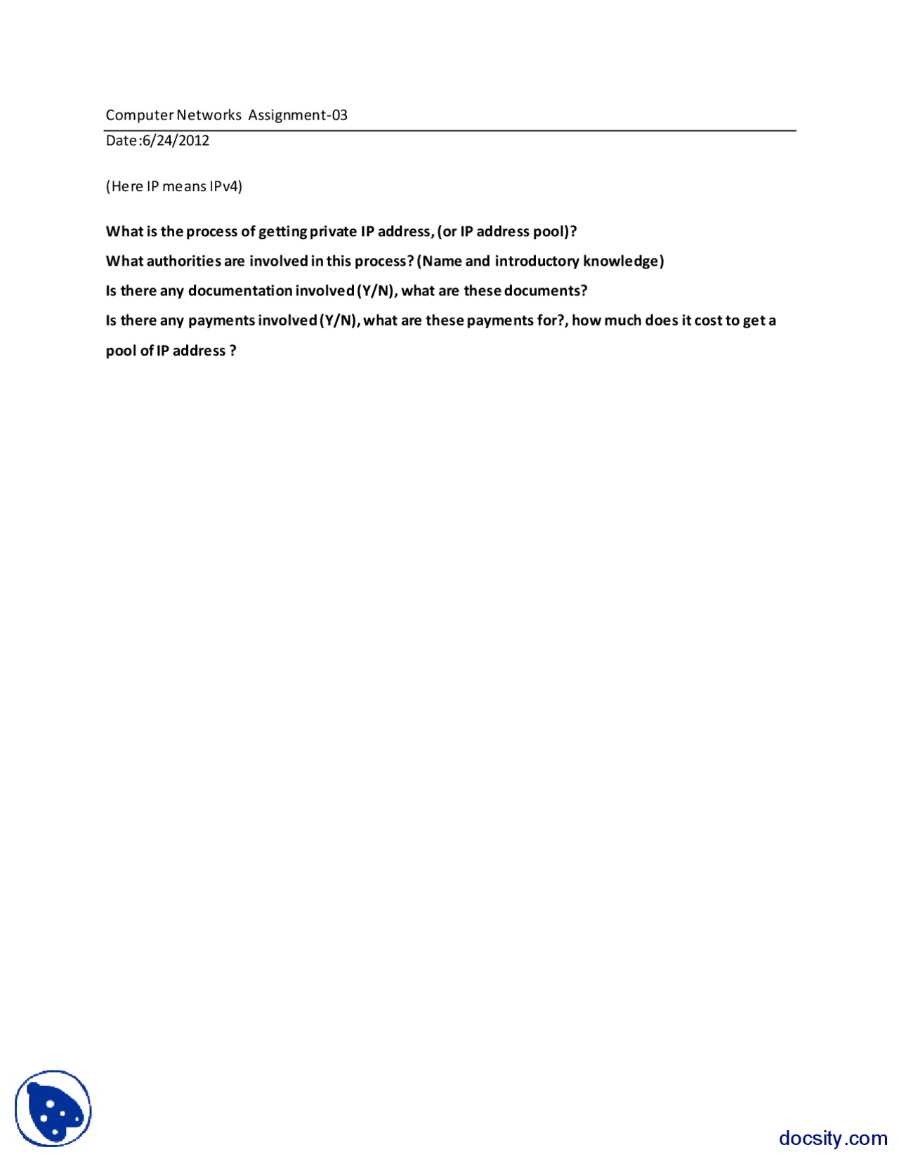 IP(IPv4) Adresses-Computer Networks-Assignment - Docsity