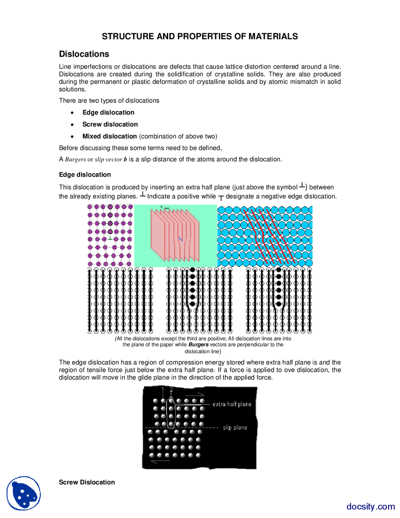 Dislocations-Mechanics of Materials-Handout - Docsity