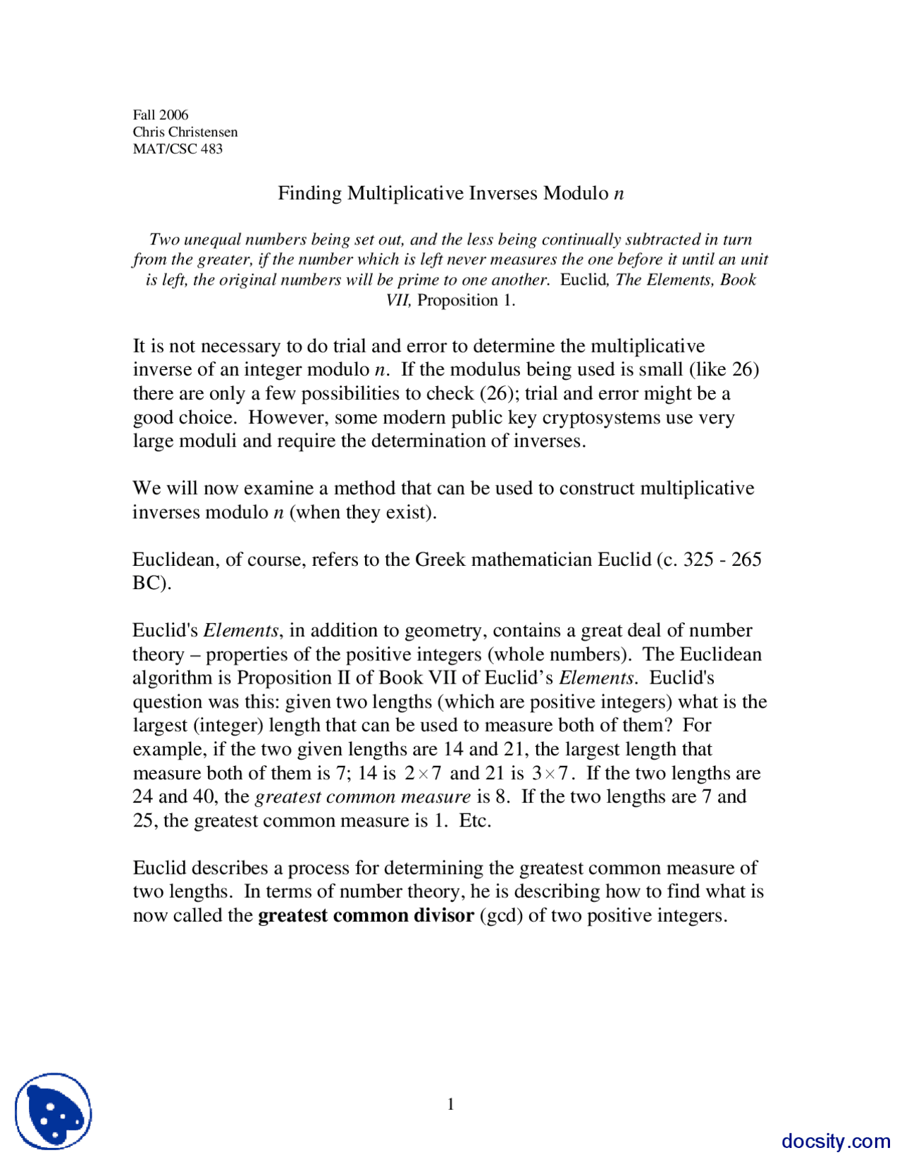 The Euclidean Algorithm, Finding Multiplicative Inverses Modulo n ...