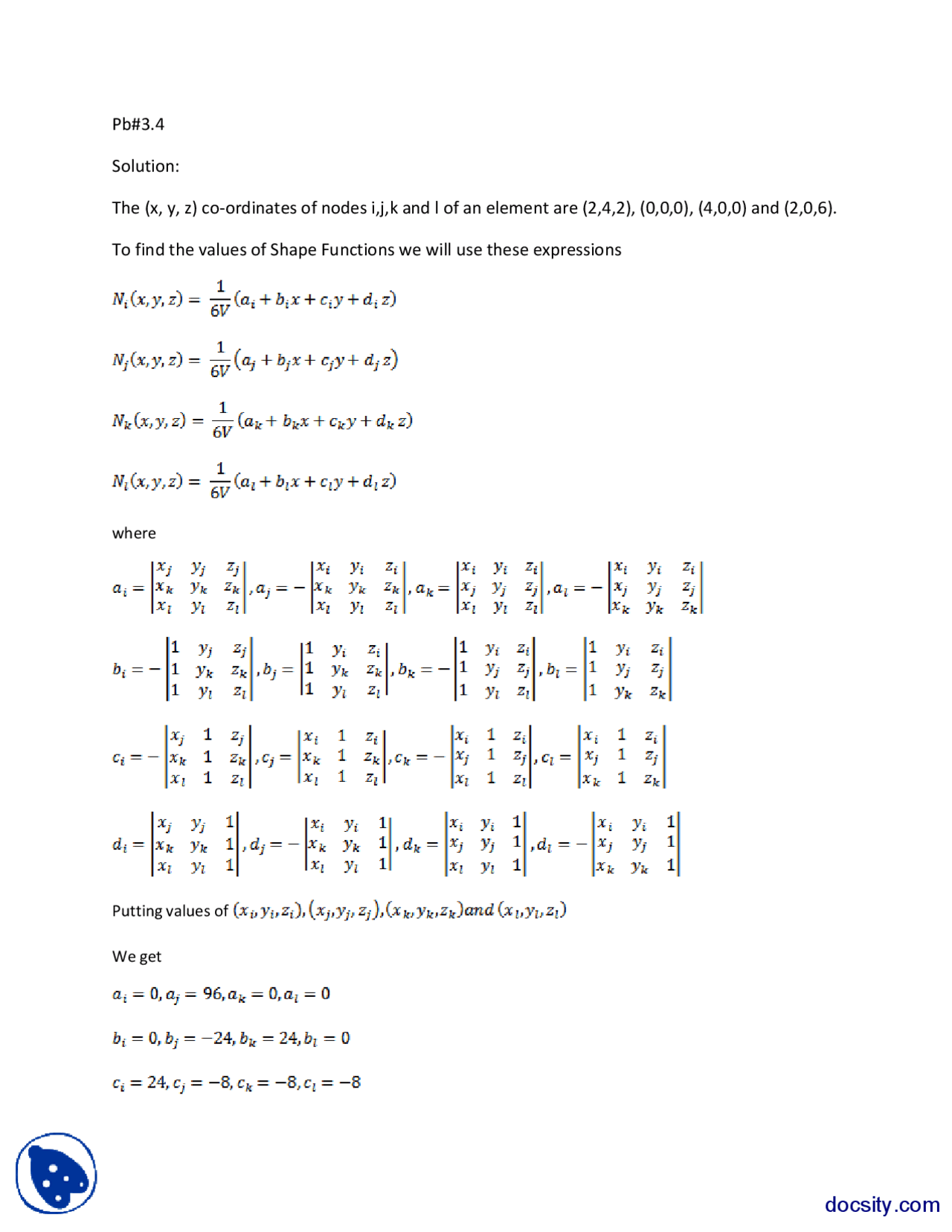 Shape Functions 4-Finite Element Method-Assignment Solution - Docsity
