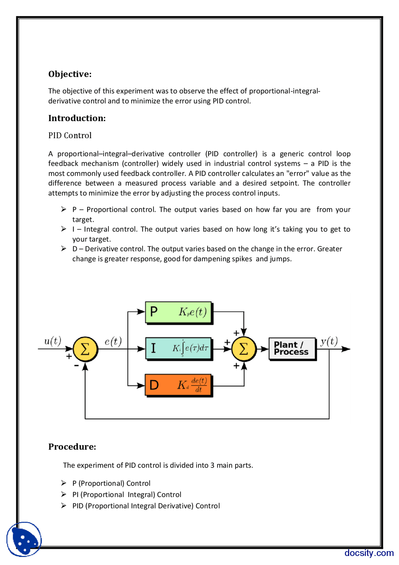 PID Control of System-Linear Control Systems-Lab Report | Exercises ...