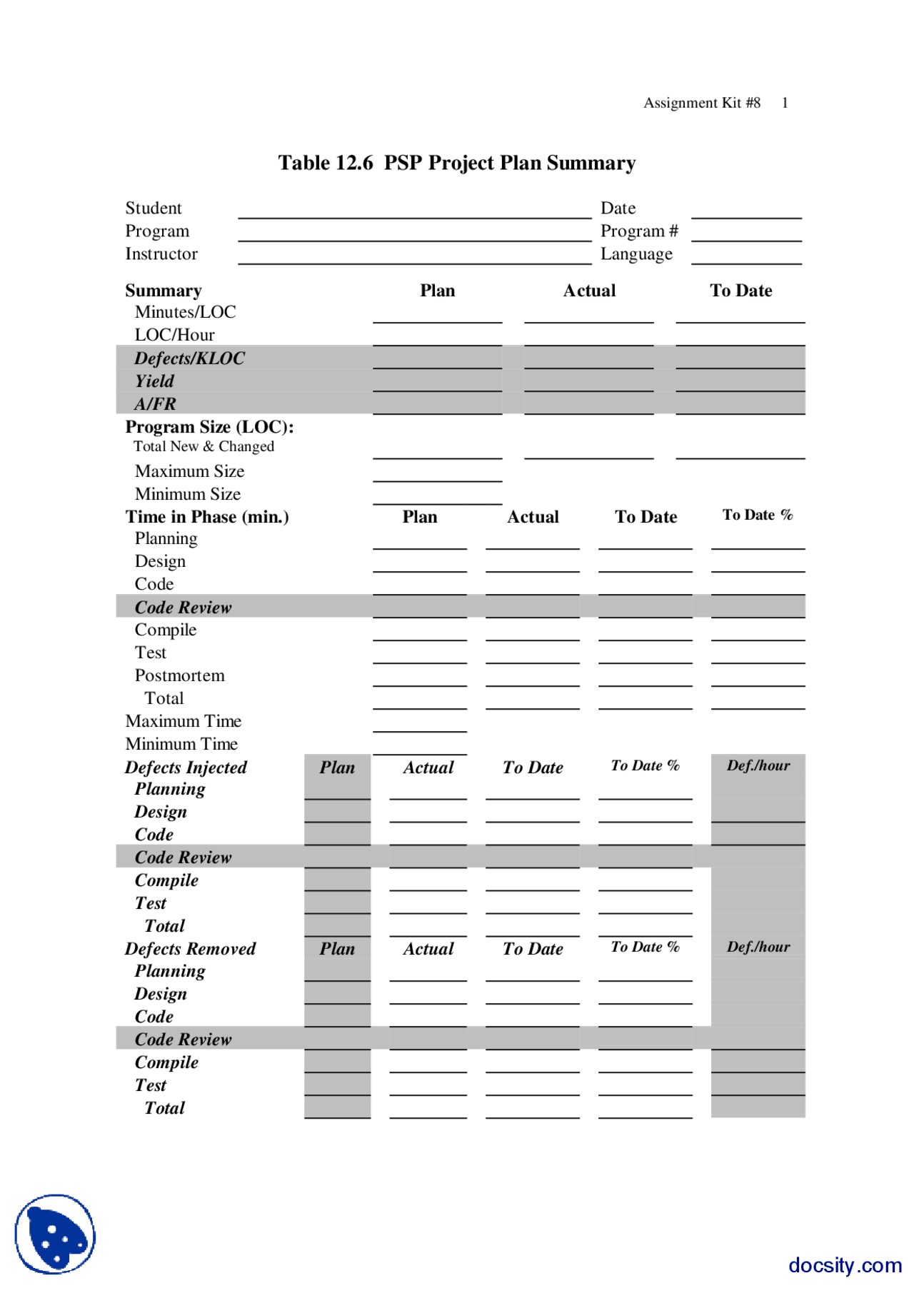 Psp Code Sample PSP Project Plan Summary, Codes and Instructions-Software Quality ...