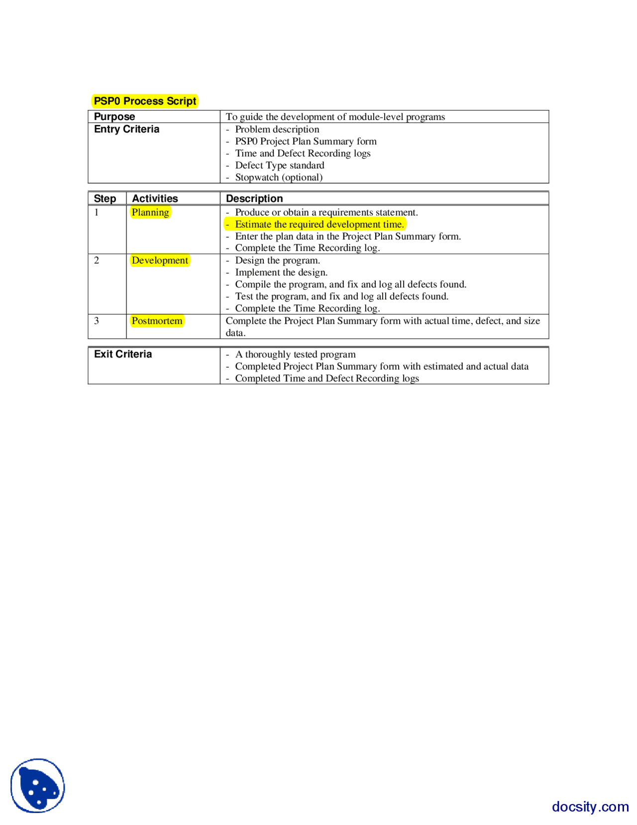 PSP0 Process Script, Codes and Instructions-Software Quality-Handout ...