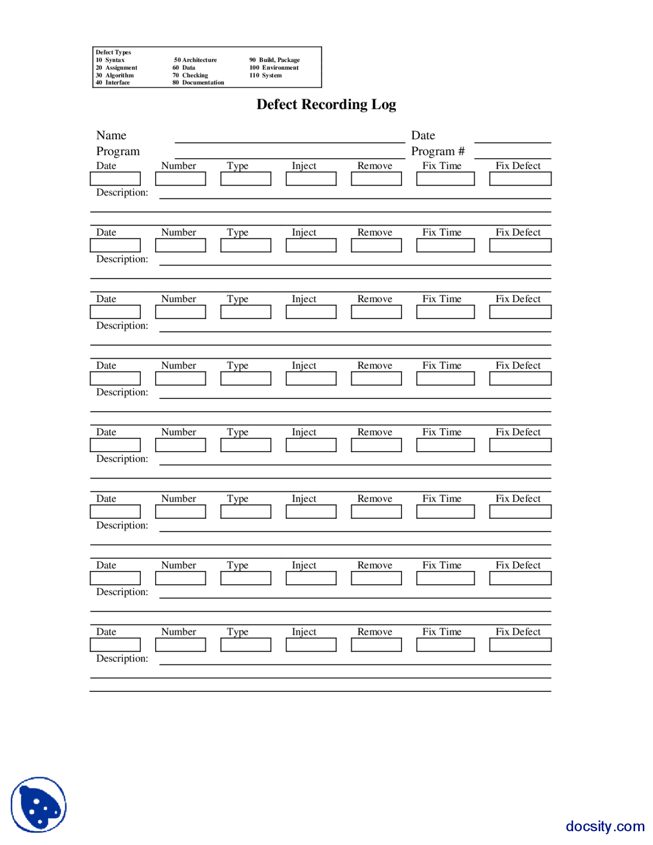 Defect Recording Log, Codes and Instructions-Software Quality-Handout ...