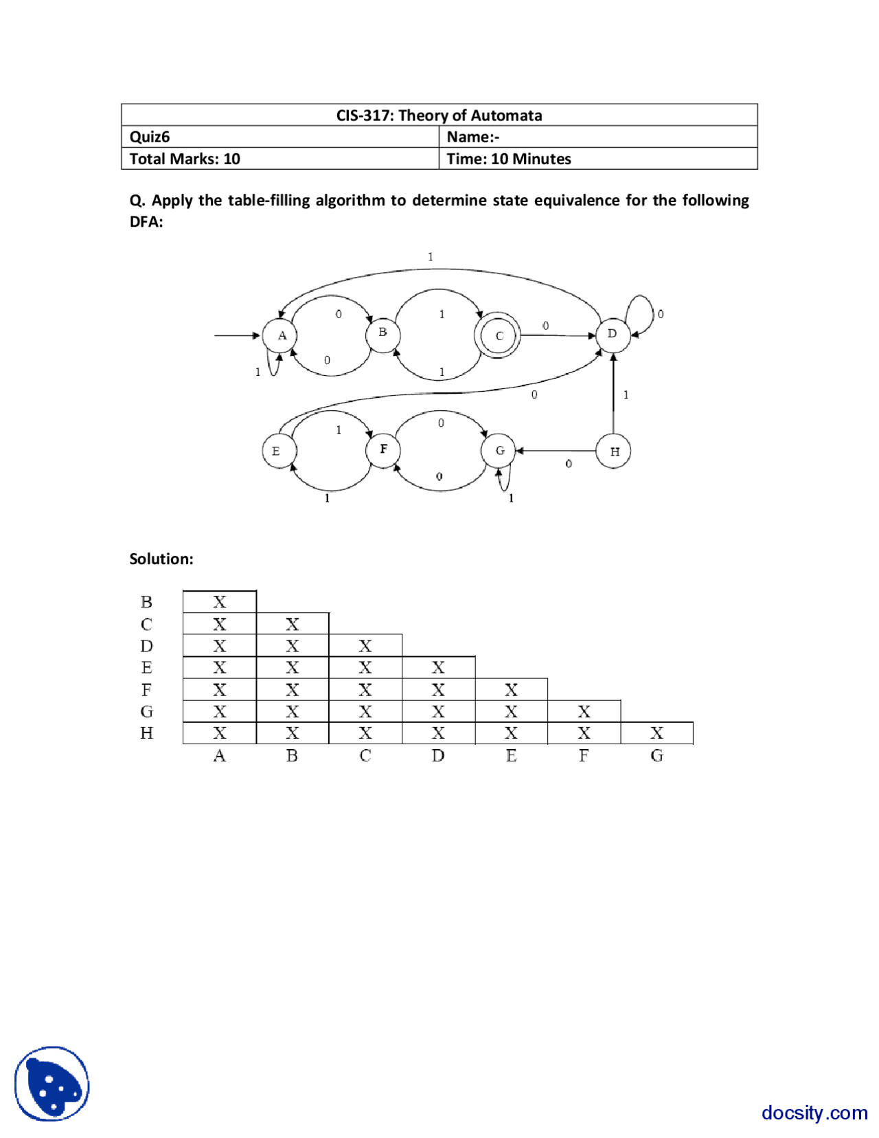 Table Filing Method Questions Table Filling Algorithm-Theory of Automata-Quiz Solution - Docsity