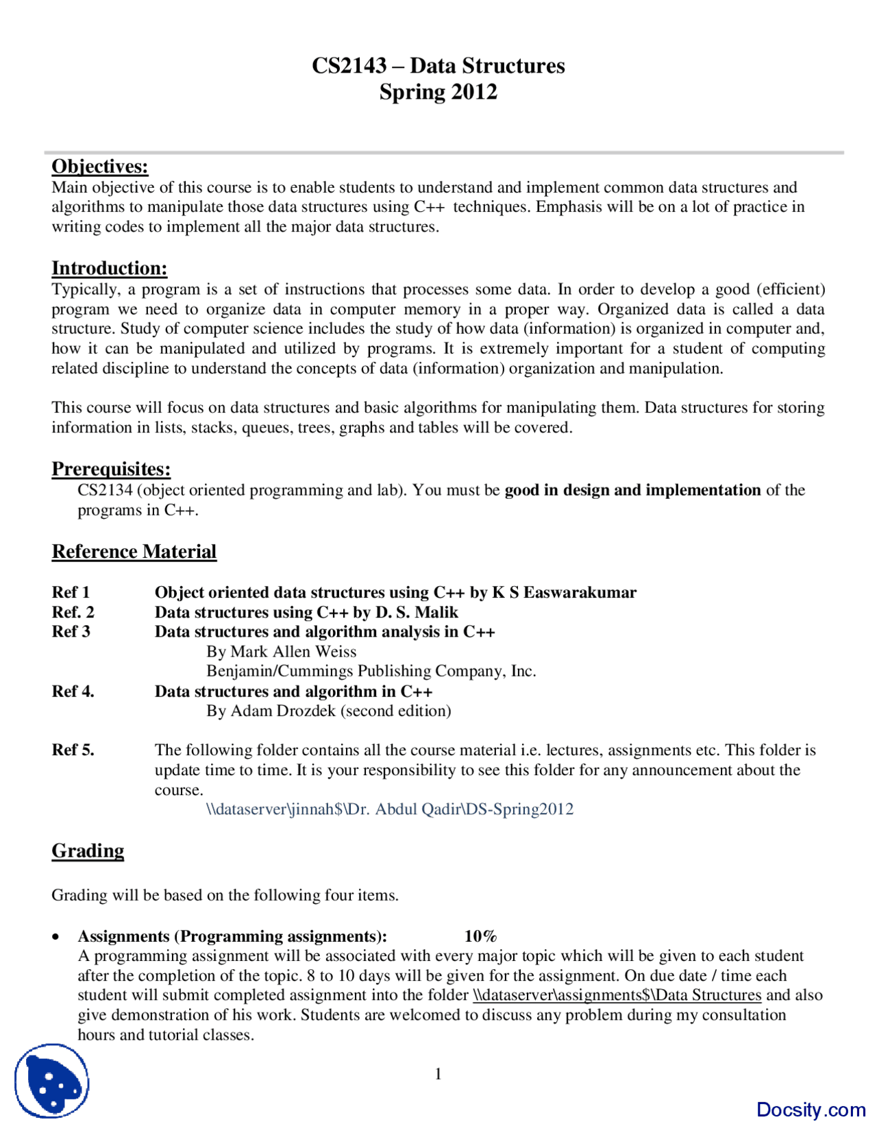 Course Outline-Progamming Data Structures-Handout - Docsity