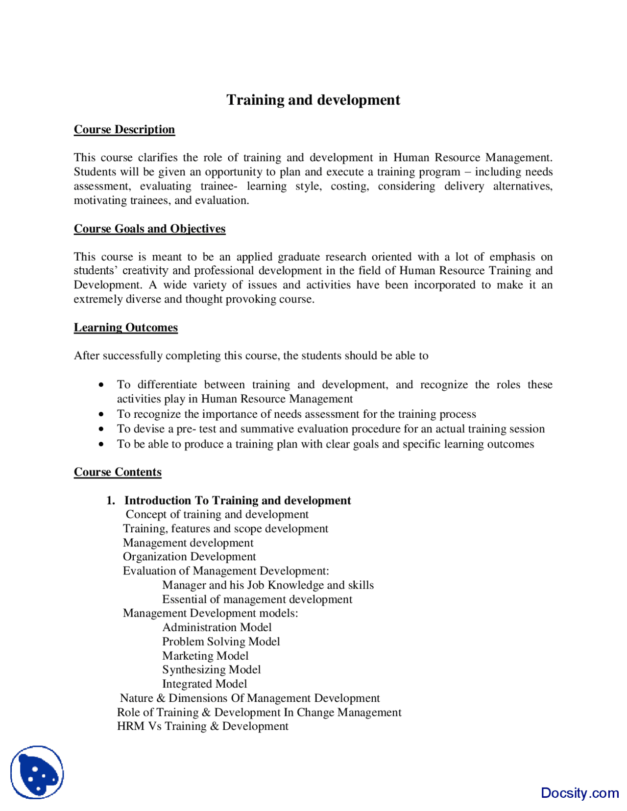 Course Outline-Traning and Development-Course Outline | Lecture notes ...