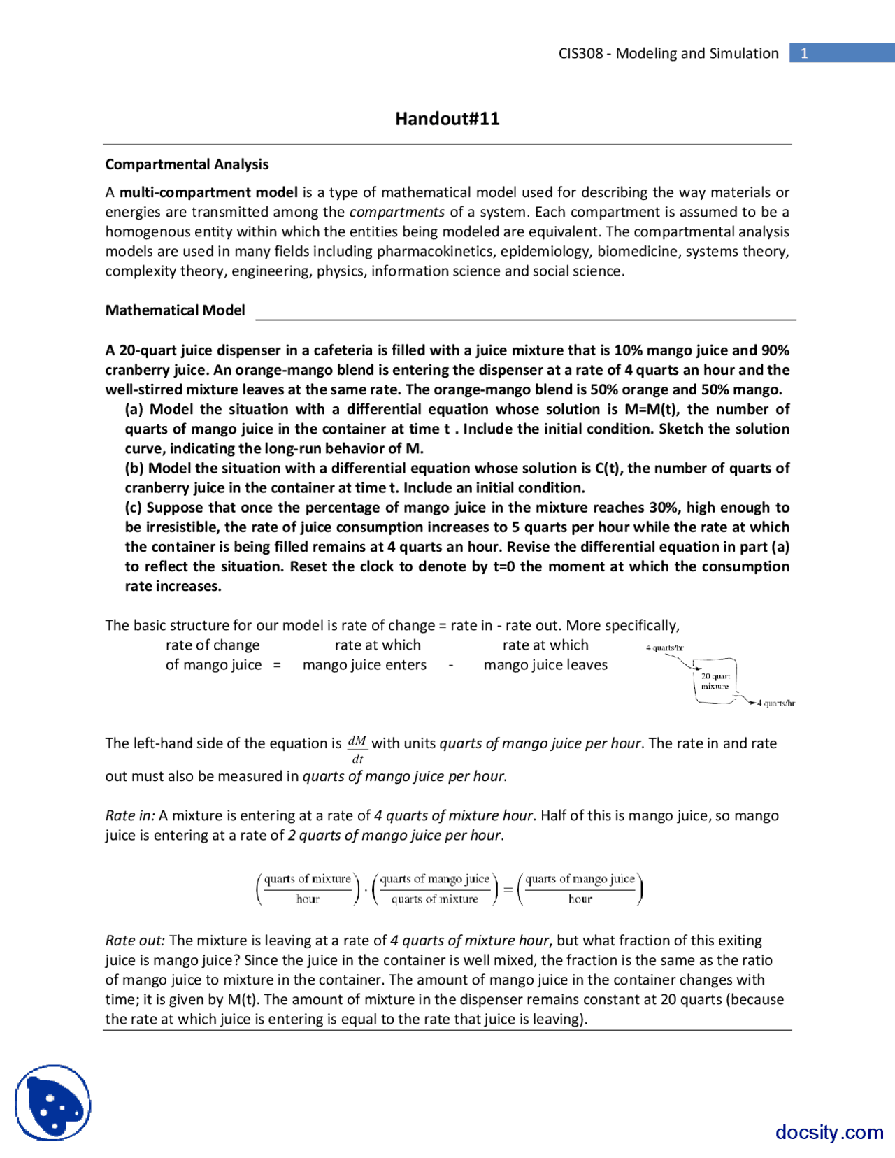 Compartmental Analysis-Modeling and Simulation-Lecture Handouts - Docsity