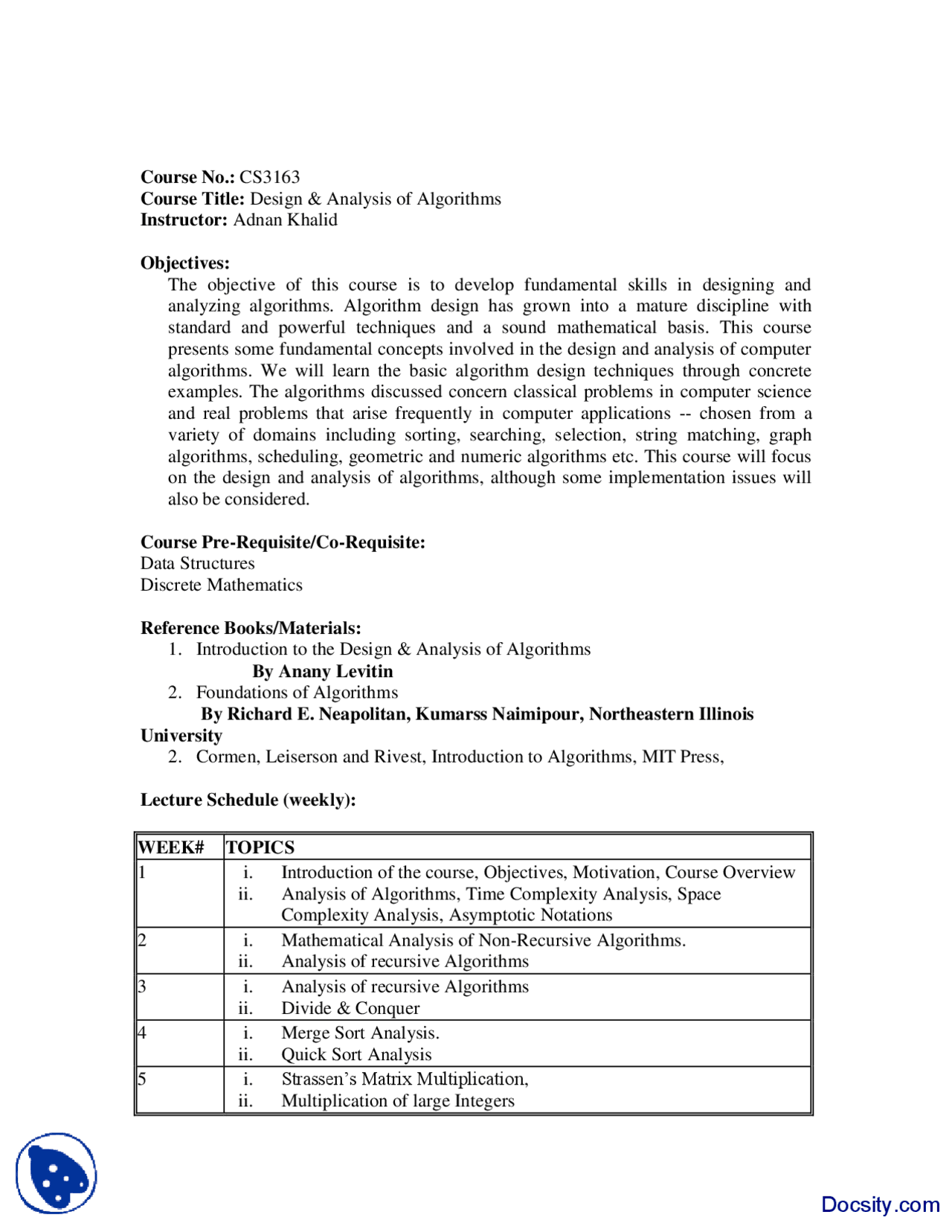 Course Outline-Design and Analysis of Algorithms-Handout - Docsity