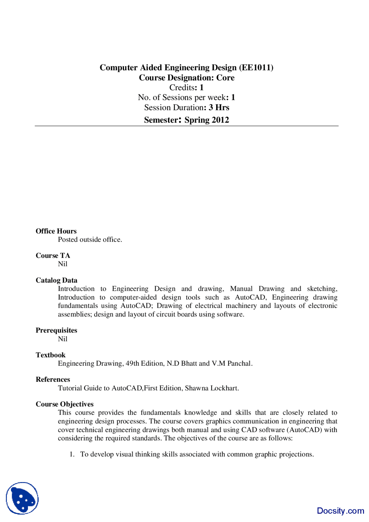 Course Outline-Computer Aided Engineering Design-Handout - Docsity
