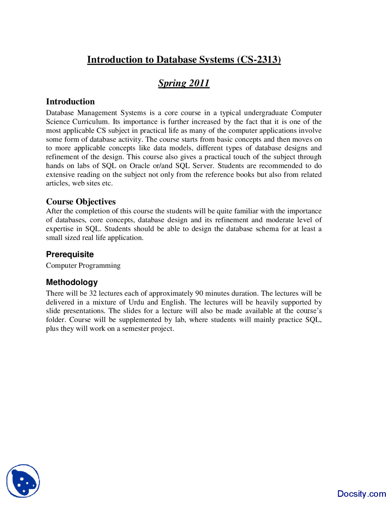 Course Outline-Introduction to Database-Handout - Docsity