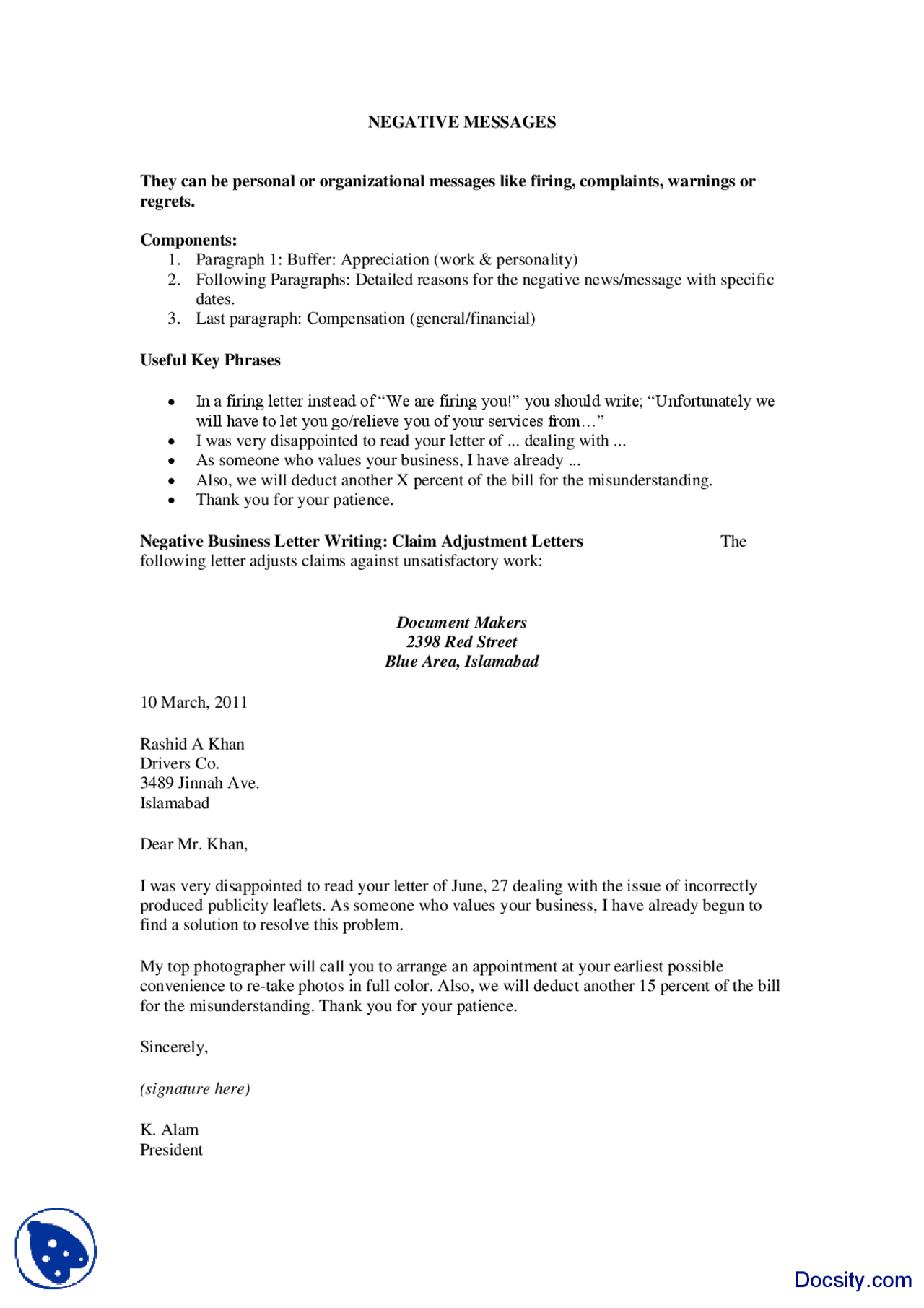 Negative Messages-Communication in Business-Lecture Handout - Docsity