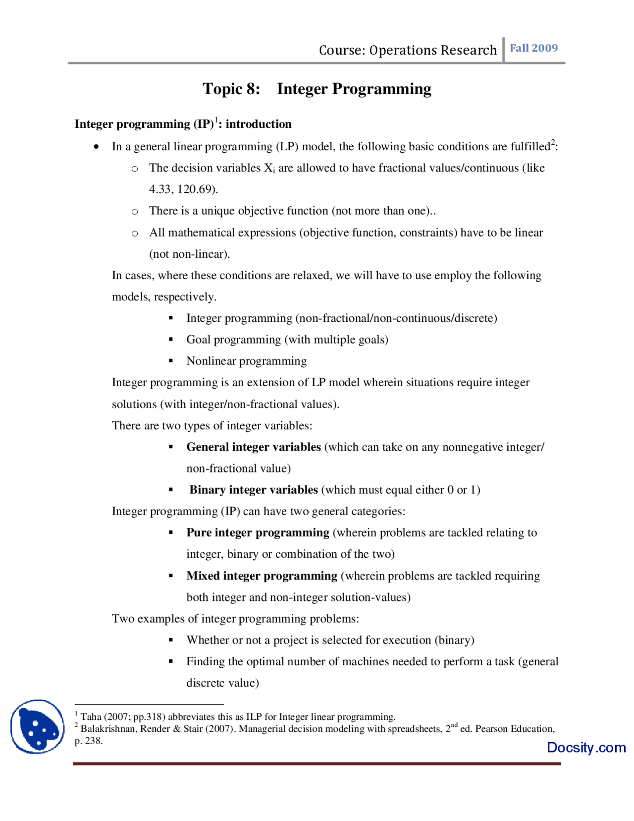 Integer Programming-Operations Reasarch-Course Outline - Docsity