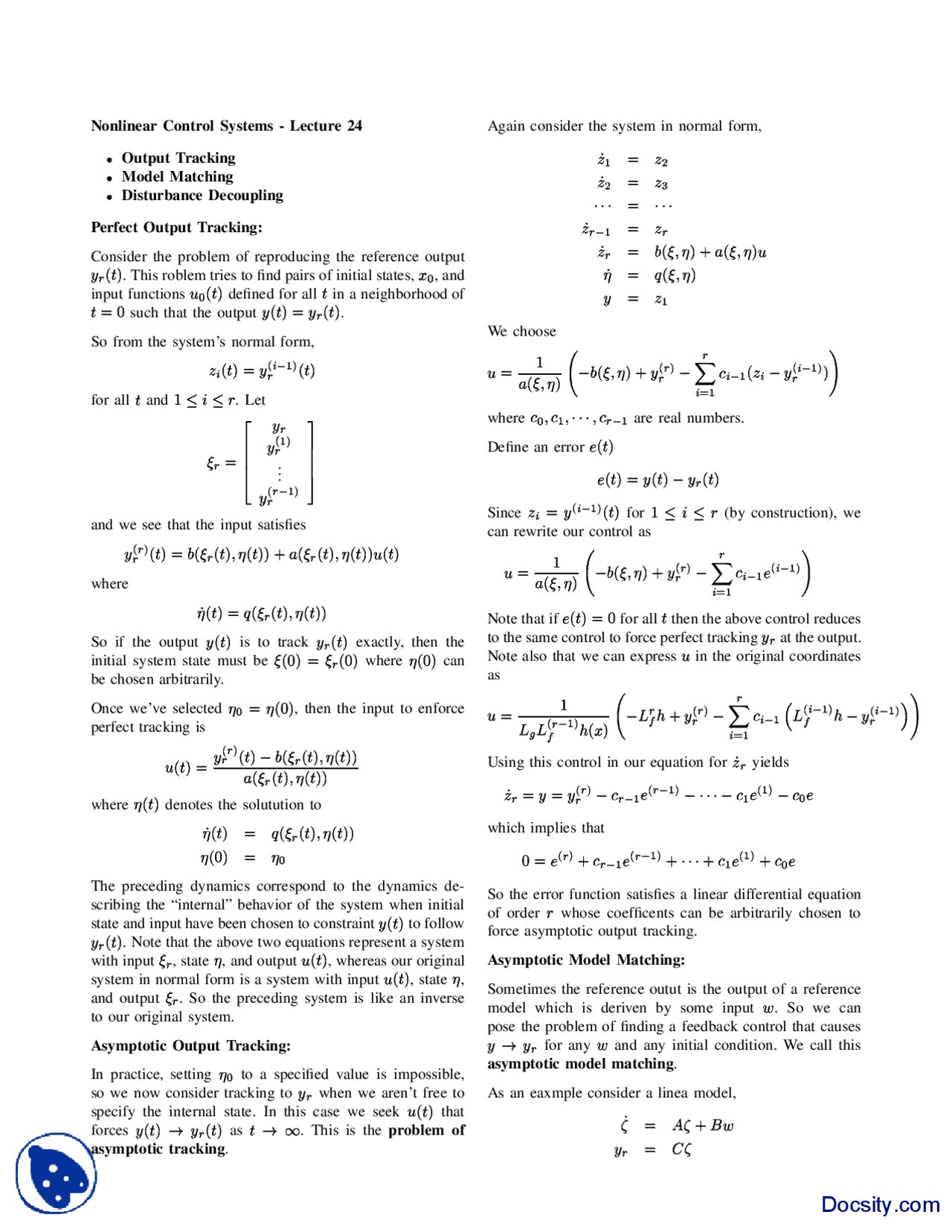 Perfect Tracking Control Perfect Output Tracking-Control of Non Linear Systems-Handout - Docsity