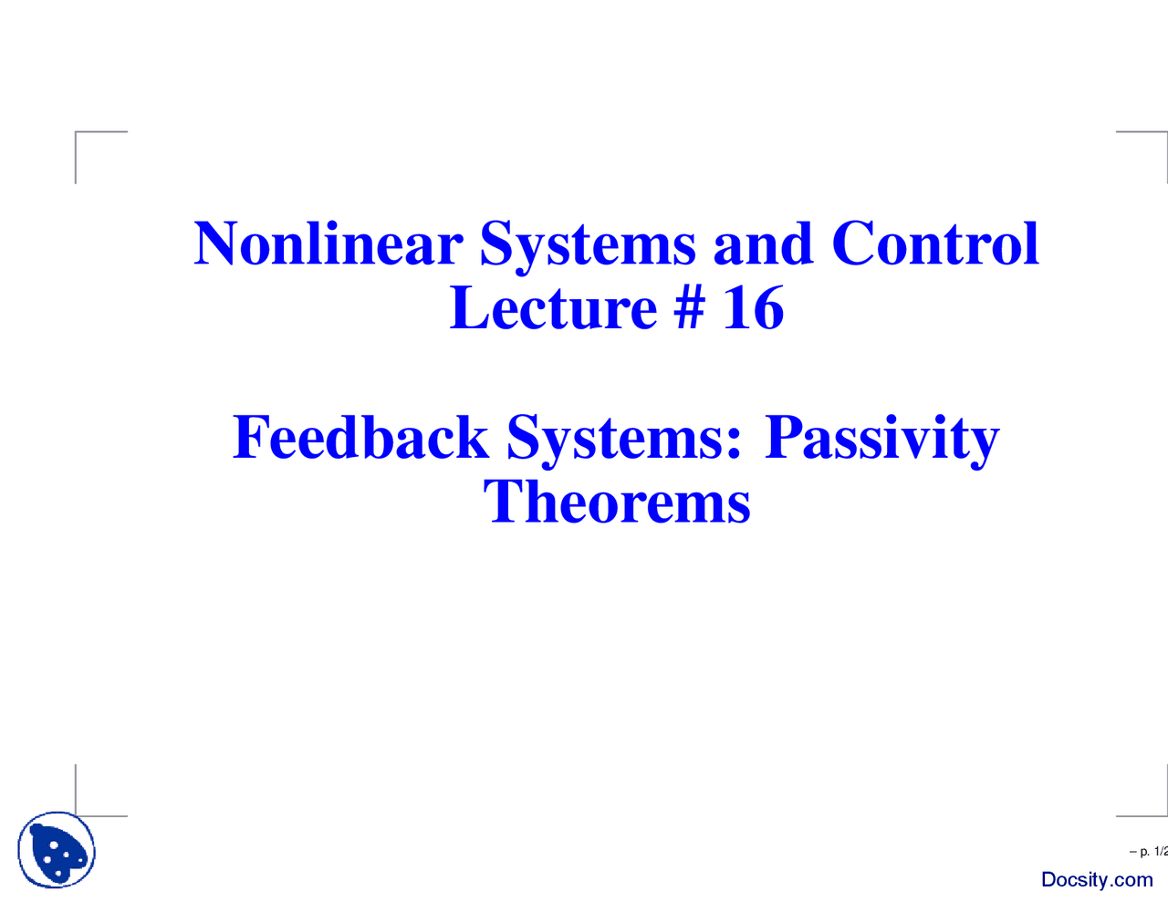 Passivity Theorems-Non Linear Systems Control and Analysis-Lecture ...
