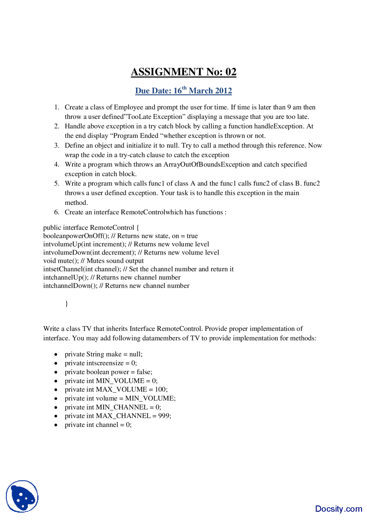 User Defined Exceptions-Learning Java Language-Assignment - Docsity