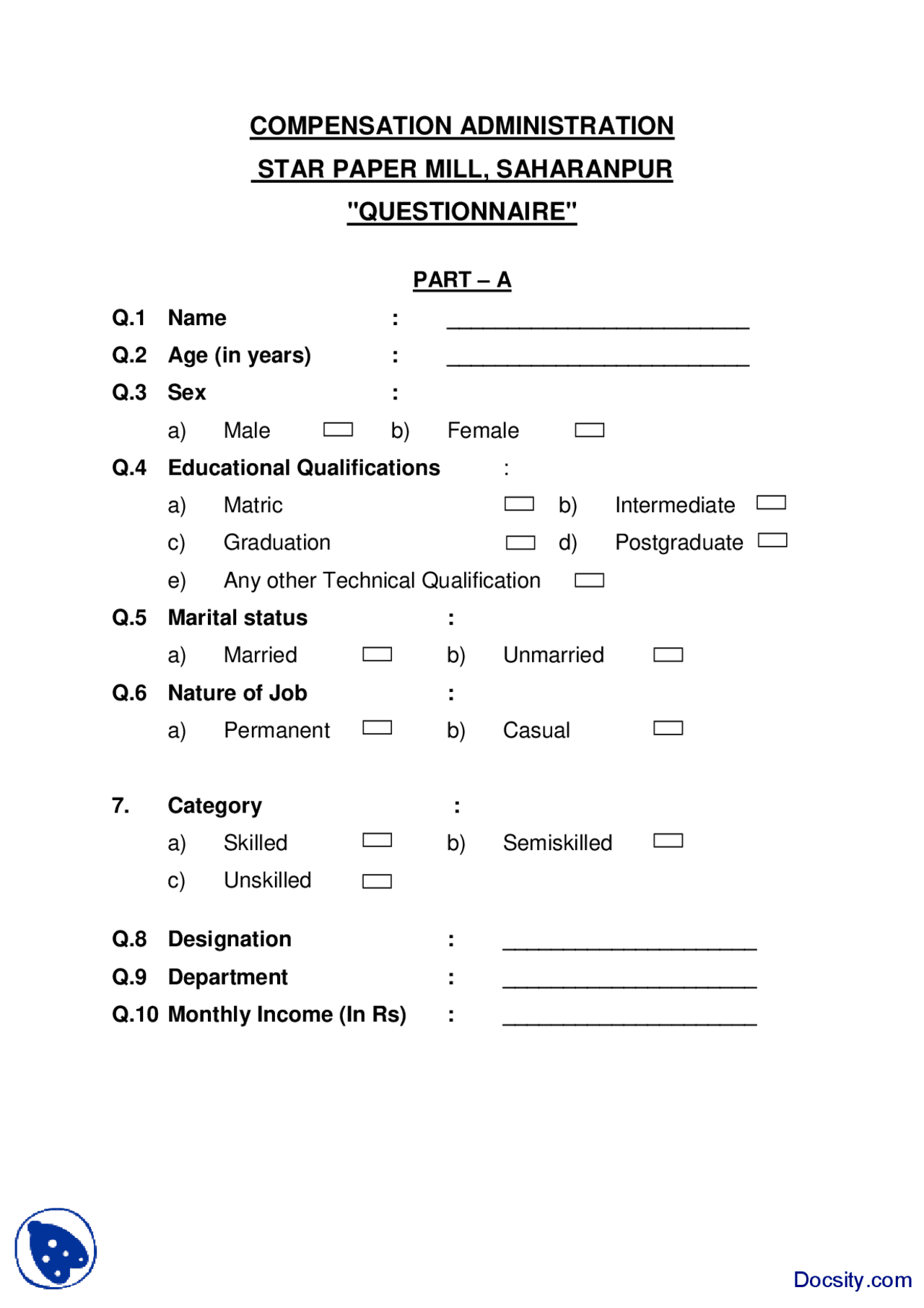 Survey Sample Questionnaire Star Paper Mill-Research Methodology ...