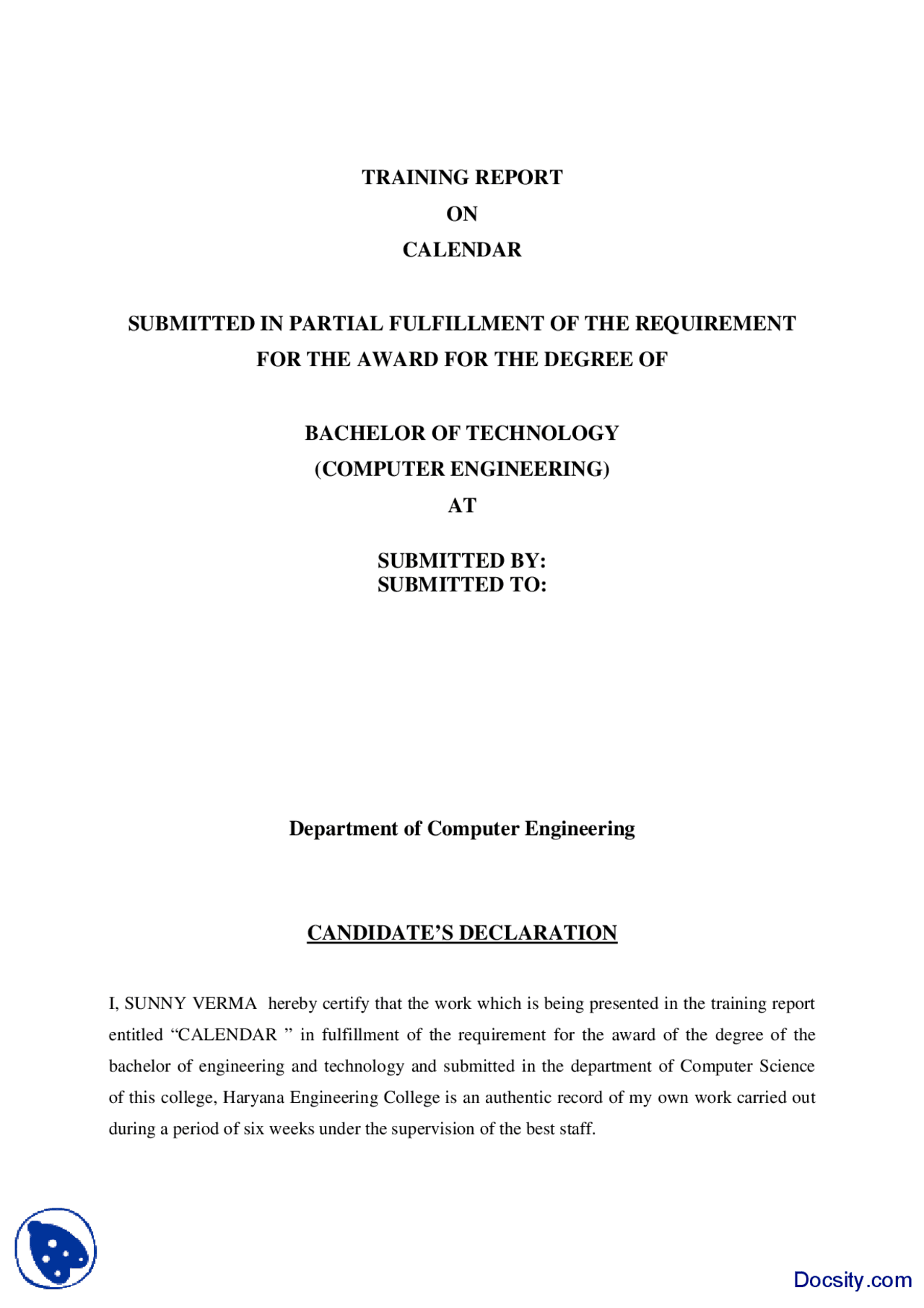 Sample Computer Training Report Calendar Training Report-Computer Sciences and Communication-Project ...