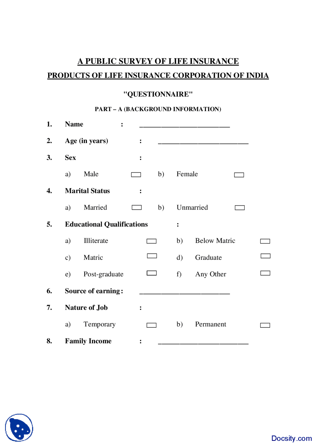 Survey Sample Questionnaire Life Insurance-Resarch Methodology-Handout ...