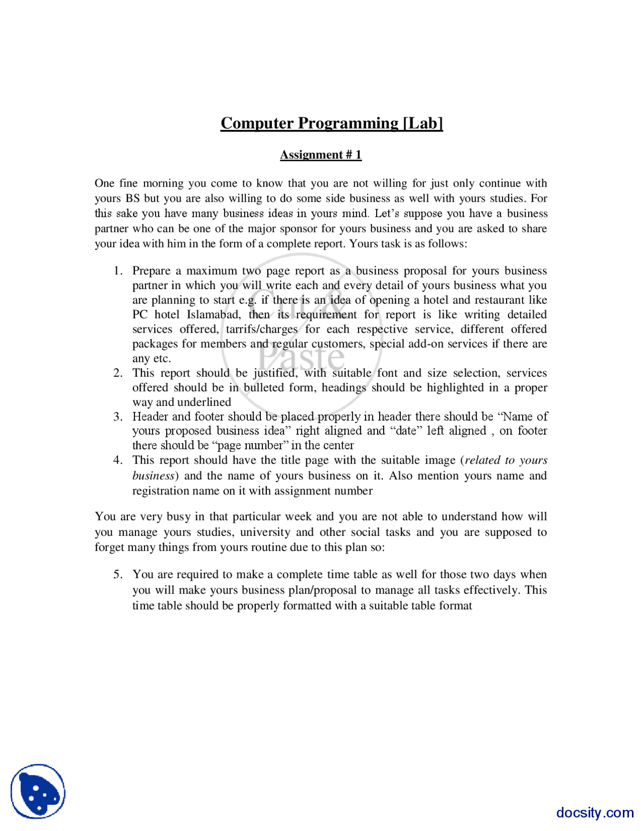 Introduction-Introduction to Computer Programming-Assignment - Docsity