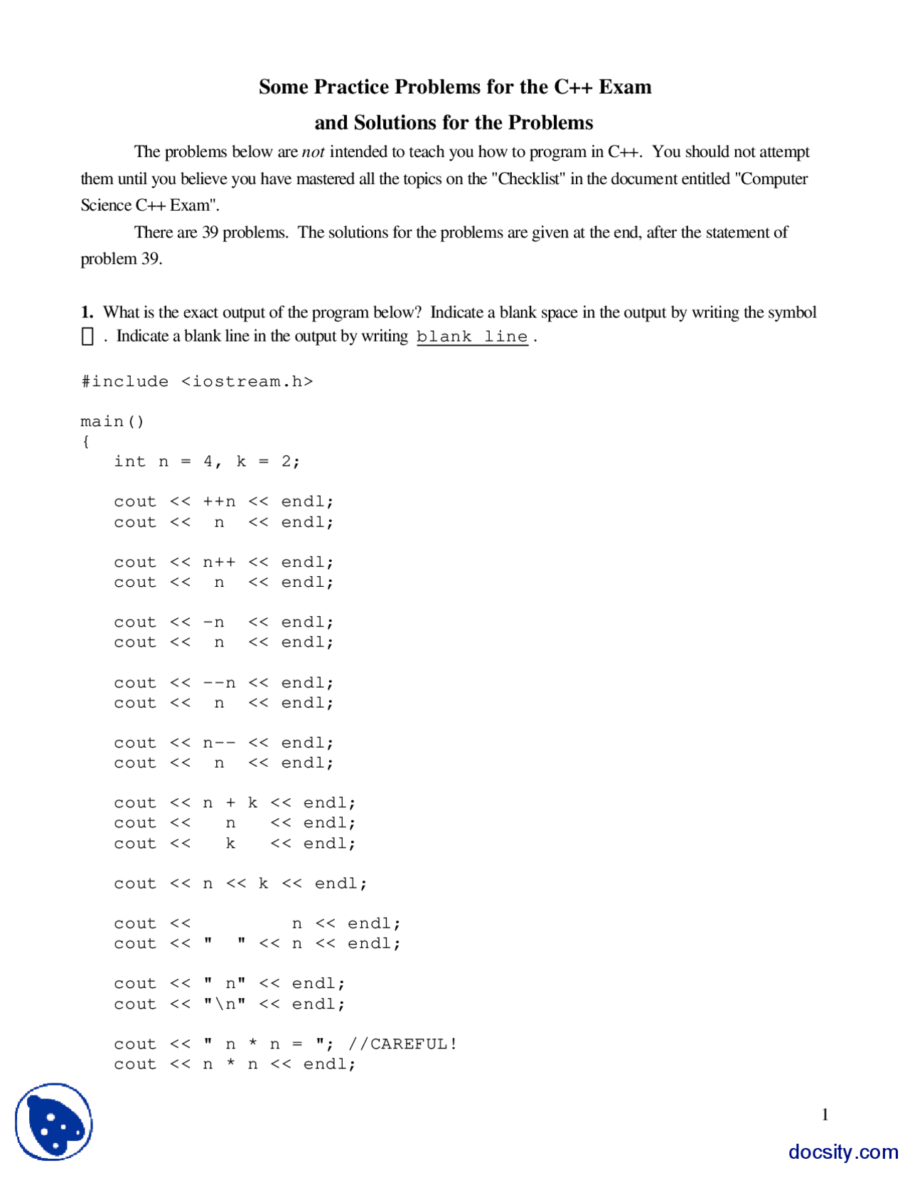 Computer Programming Practice Test Displaying an Output-Computer Programming-Practice Exam - Docsity