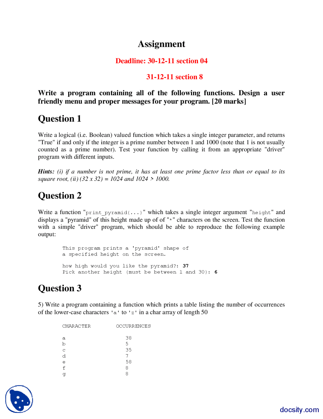 Functions III-Introduction to Computer Programming-Assignment - Docsity