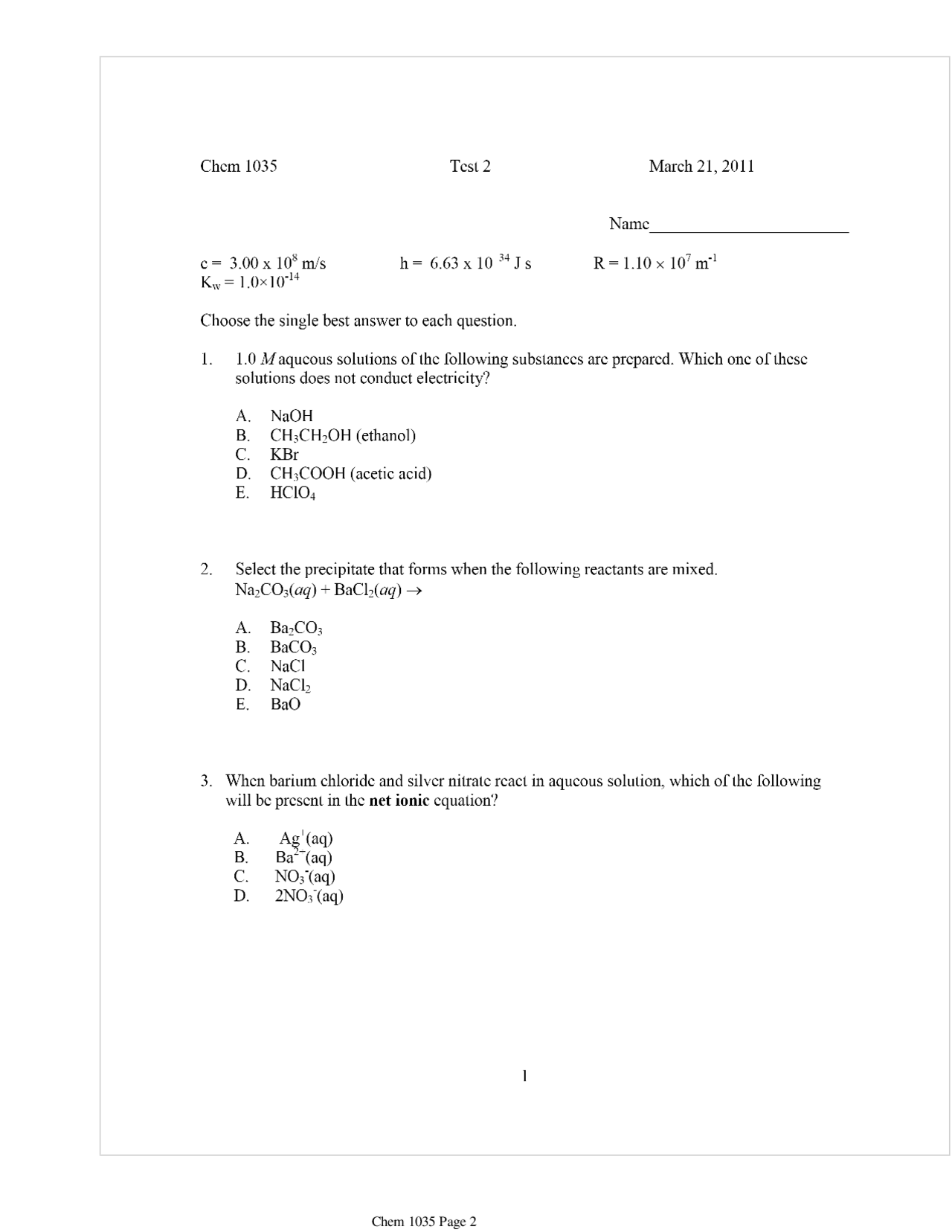 General Chemistry - MCQs for Exam 2 | CHEM 1035 | Prove d'esame Chimica ...