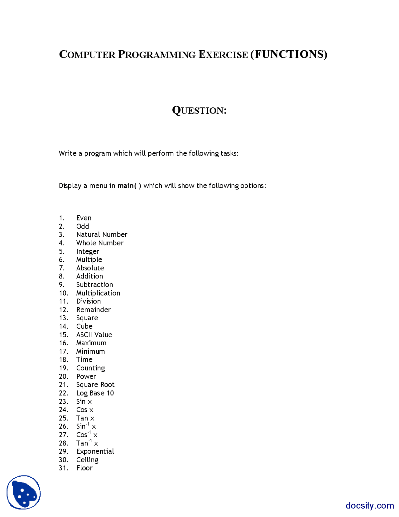 Functions II-Introduction to Computer Programming-Assignment - Docsity