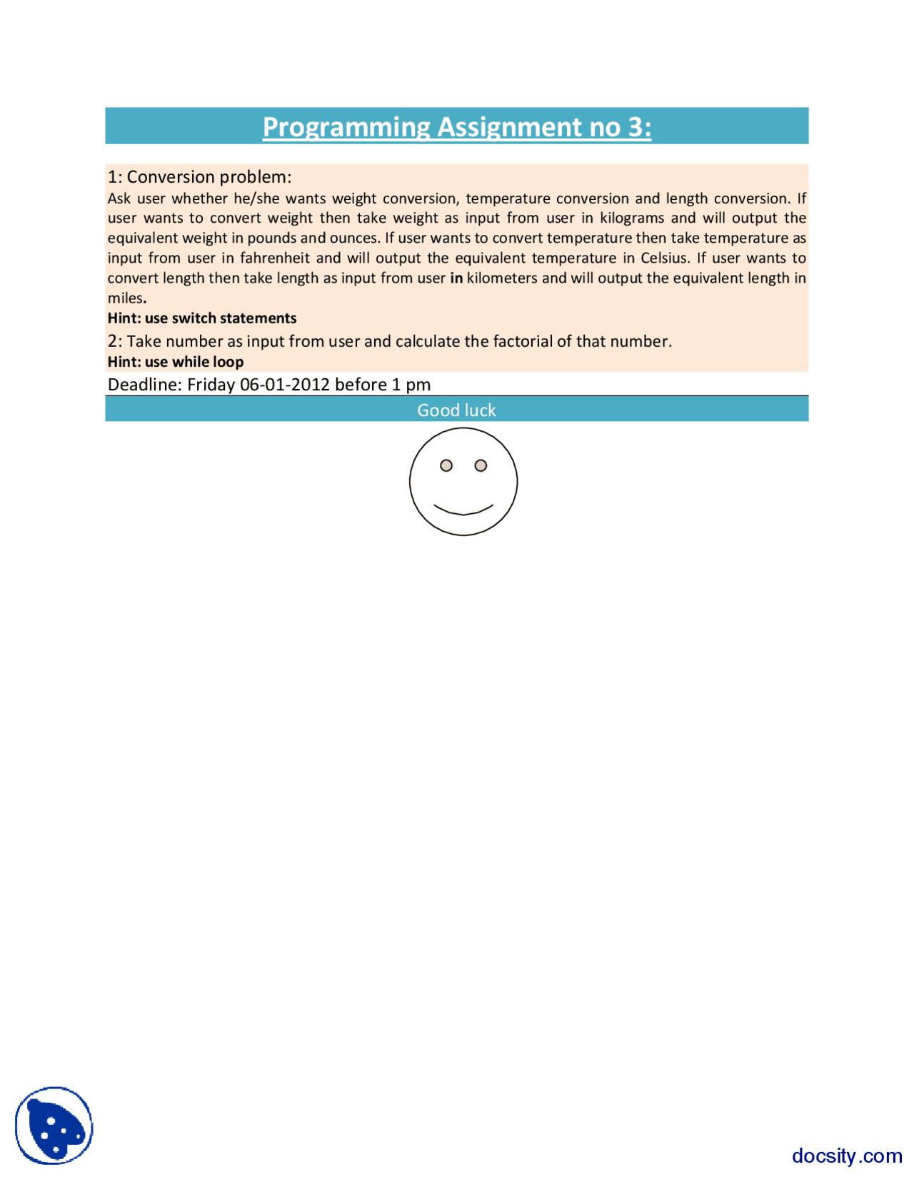 Conversion Problems-Computer Programming-Assignment - Docsity