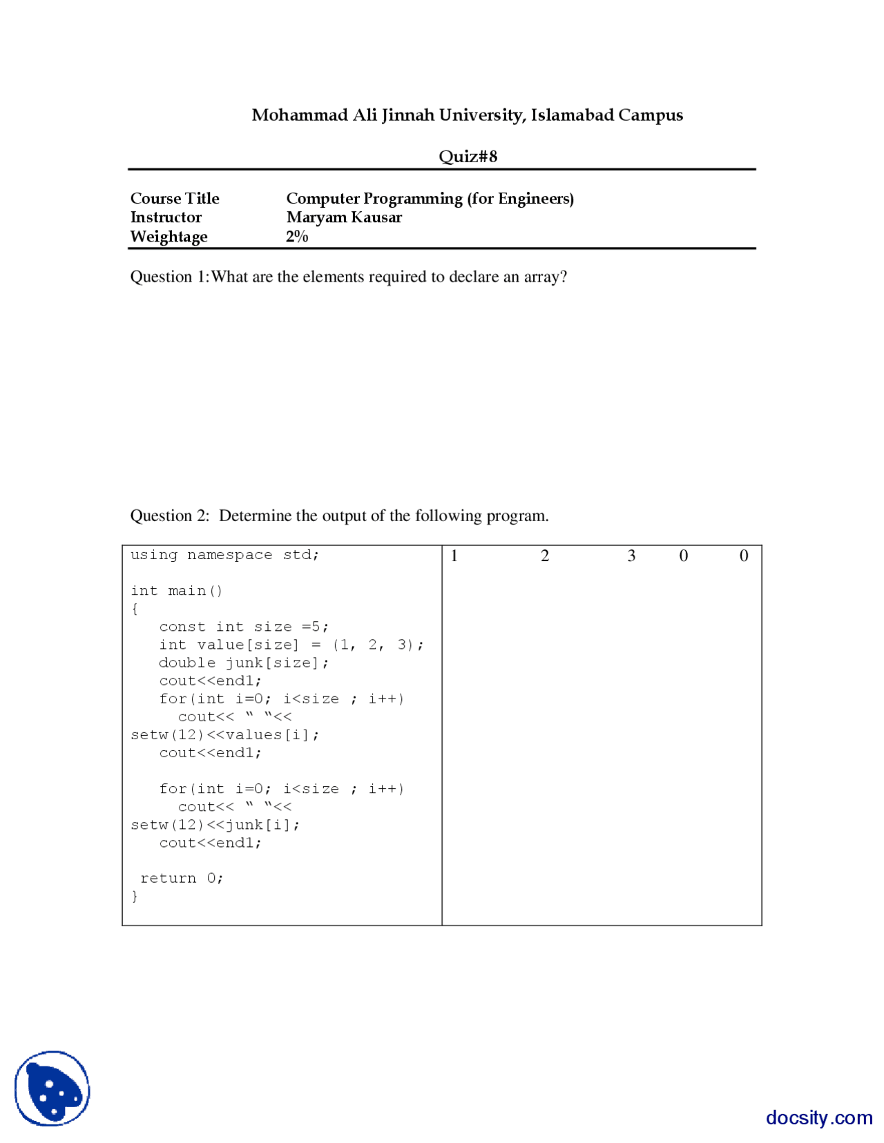 Arrays-Introduction to Programming-Quiz Solution - Docsity