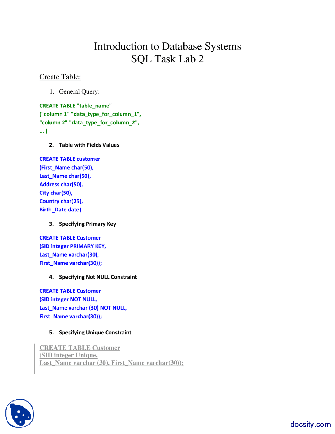SQL-Introduction to Database Systems-Lecture Handouts - Docsity