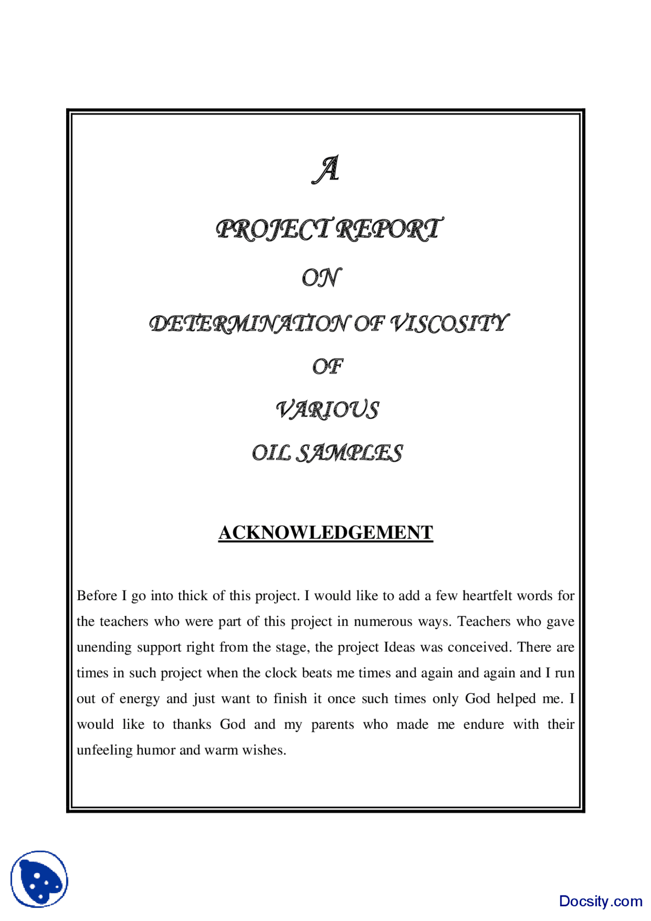 Determination Of Viscosity Of Various Oil Samples Thermodynamics Project Report Docsity