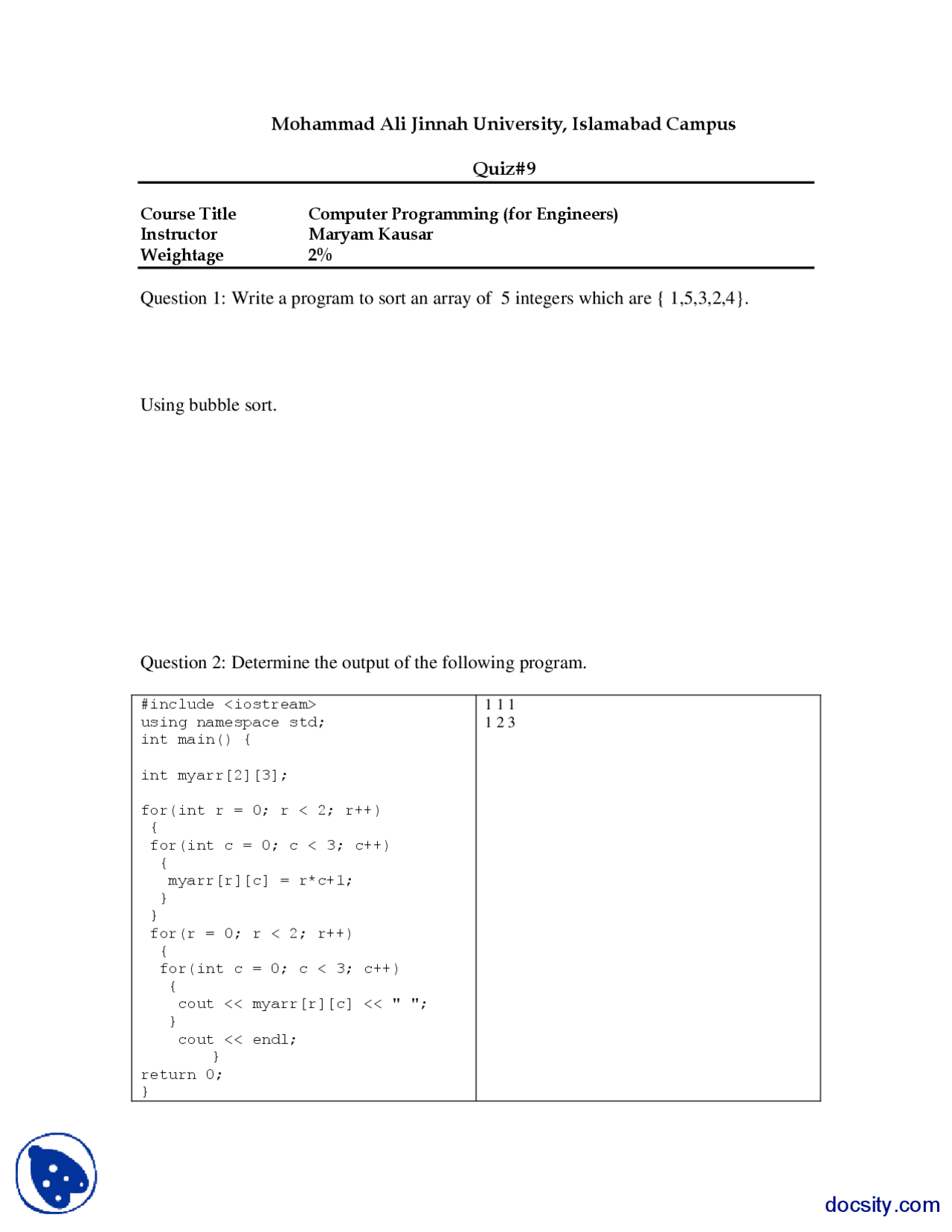 Sorting an Array-Introduction to Programming-Quiz Solution - Docsity